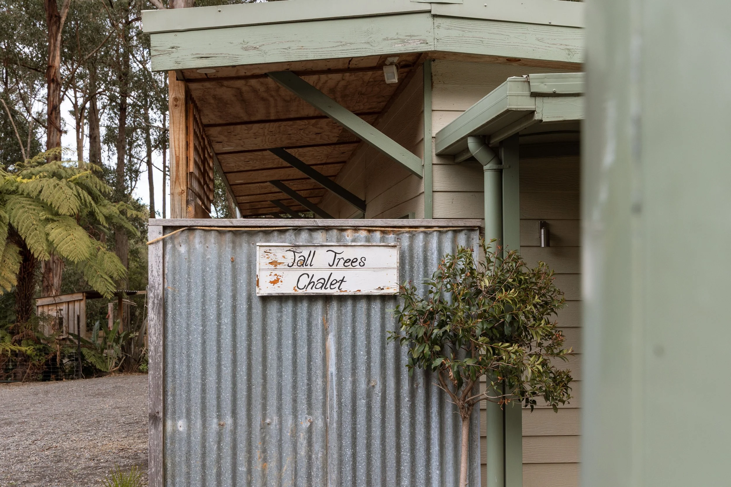 Rusty corrugated metal gate with a sign that reads 'Tall Trees Chalet', next to a small tree and parts of a wooden house in the background surrounded by trees.