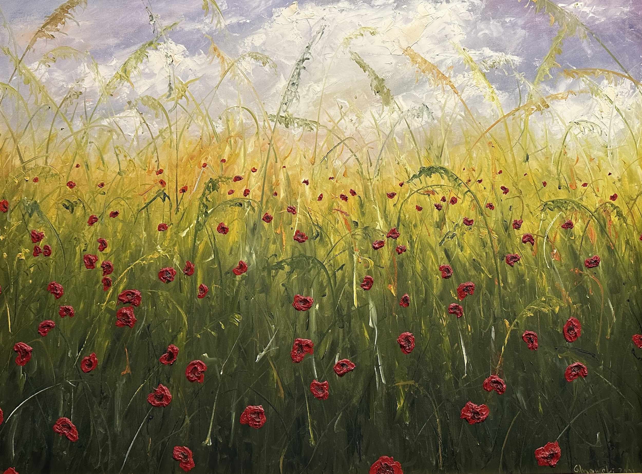 A painting of a field of yellow flowering grass with red poppies in the foreground. The sky is cloudy and the scene appears to be during sunset or sunrise.