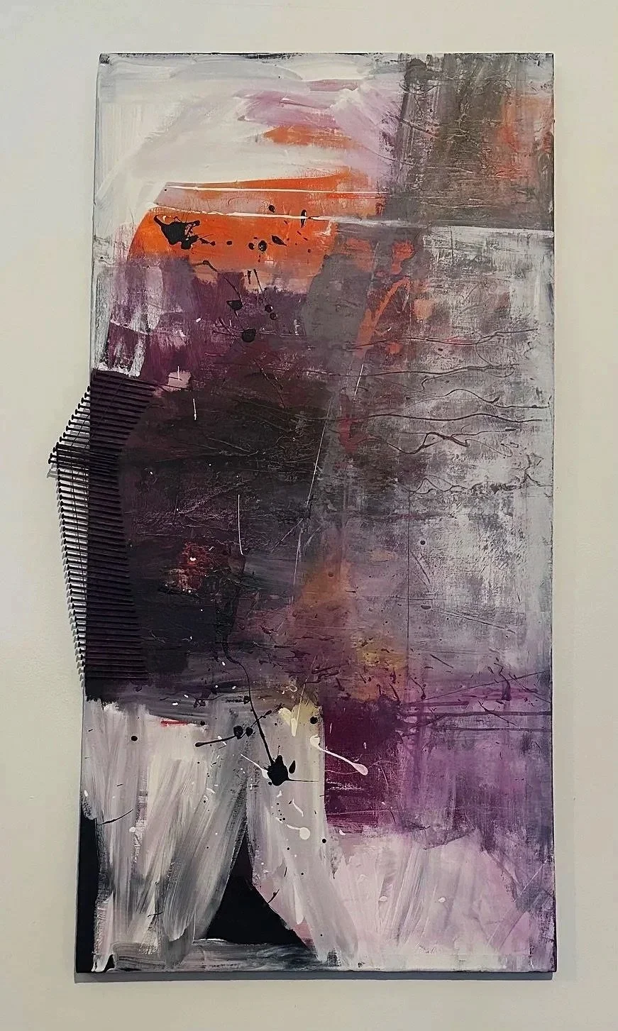 Abstract painting with dark purple, black, pink, orange, and white brushstrokes and splatters, featuring a textured black stripe on the left side.
