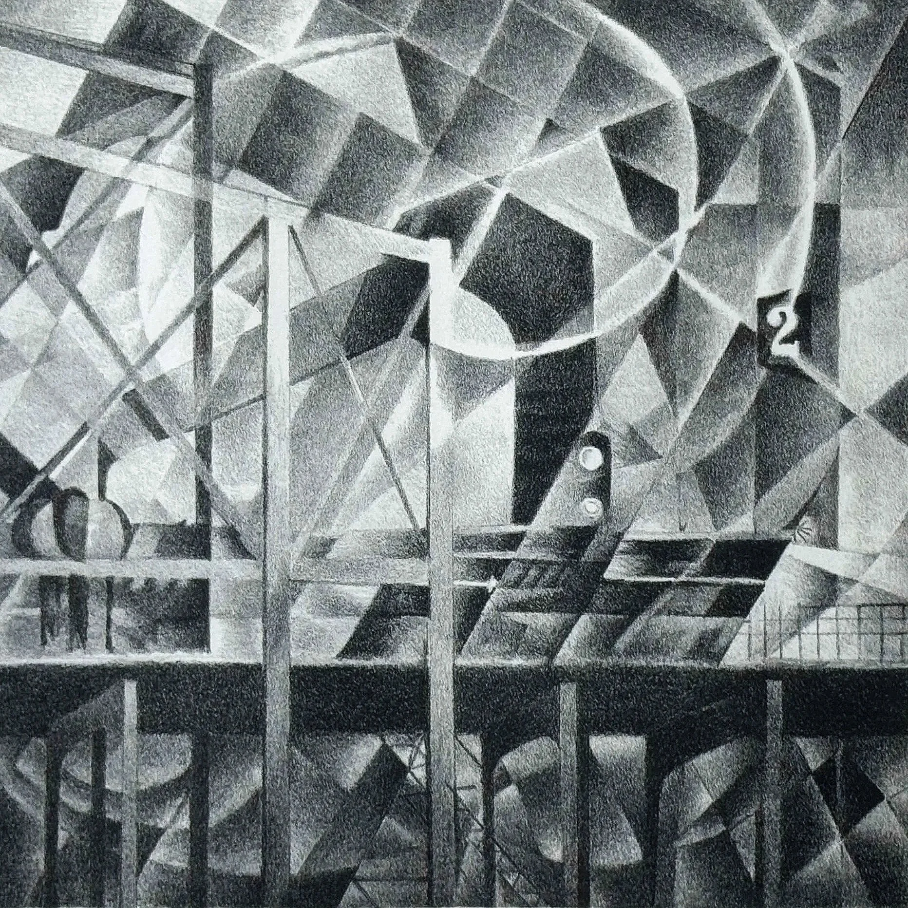 A black and white geometric abstract artwork featuring structures that resemble playground equipment and geometric shapes like cubes and spheres, with a mix of triangular and rectangular patterns.