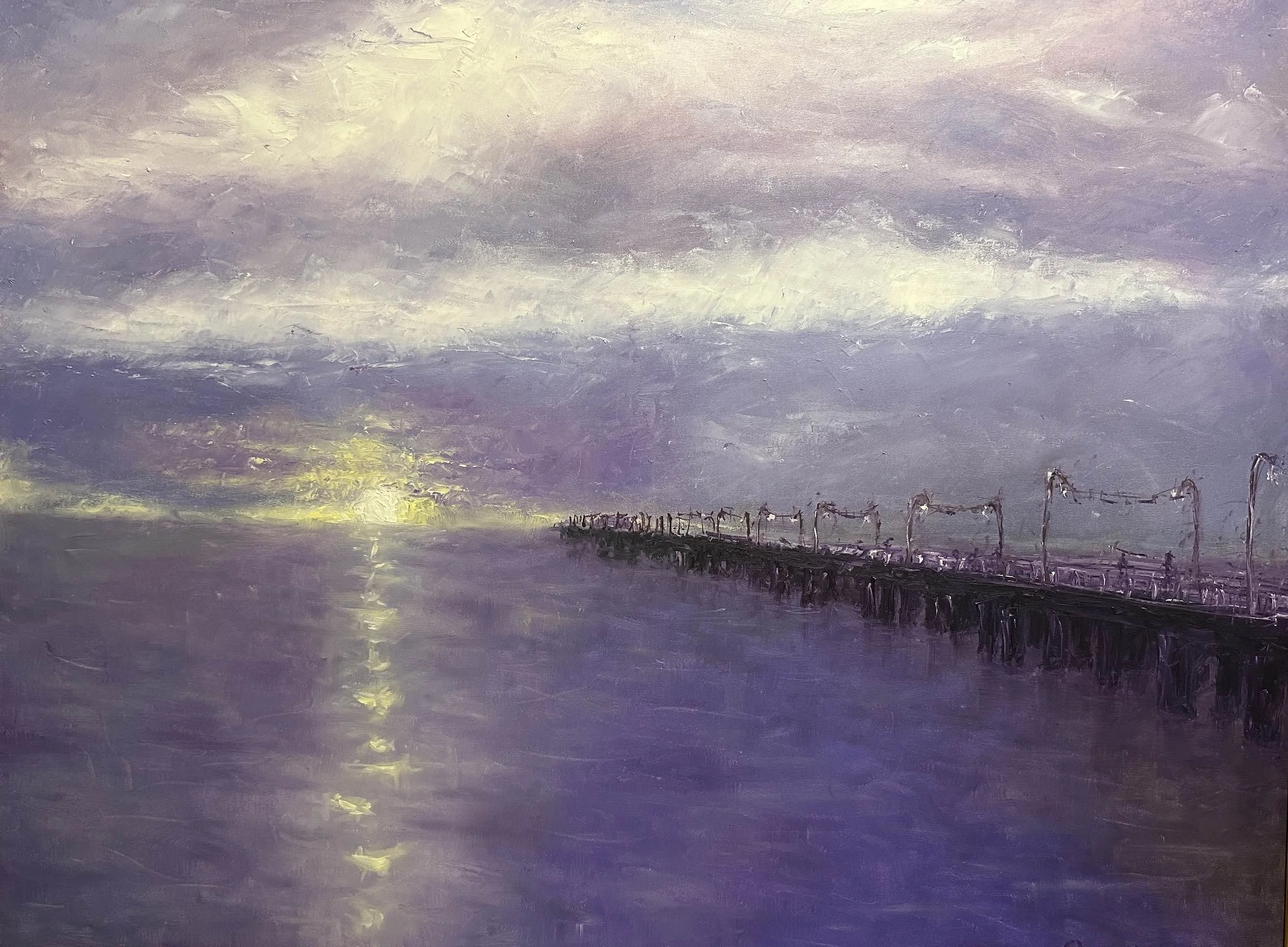A painting of a pier extending into a calm body of water at sunset, with a cloudy sky and reflections on the water.