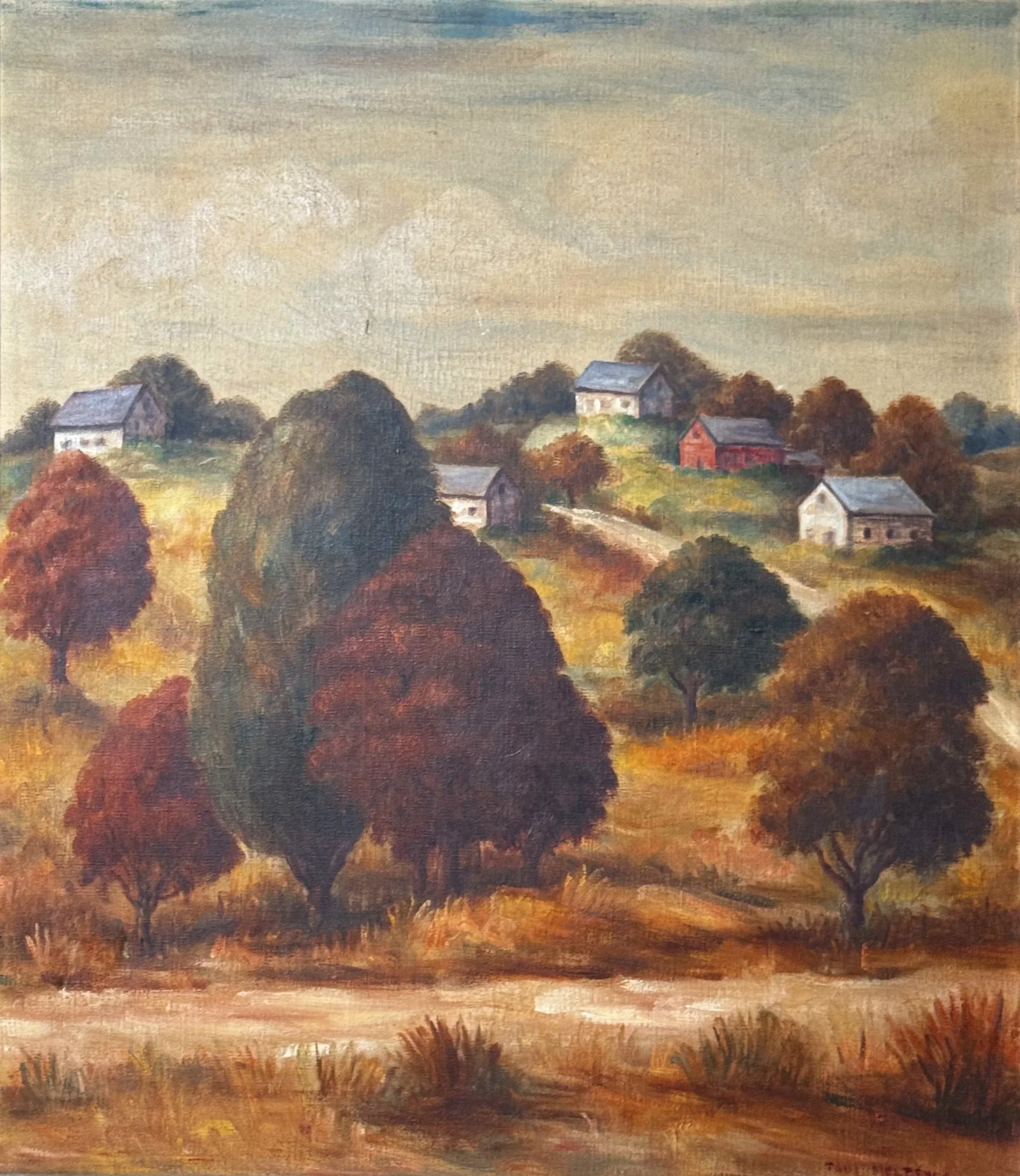 Painting of a rural landscape with rolling hills, trees in autumn colors, and small farmhouses scattered across the hills under a cloudy sky.