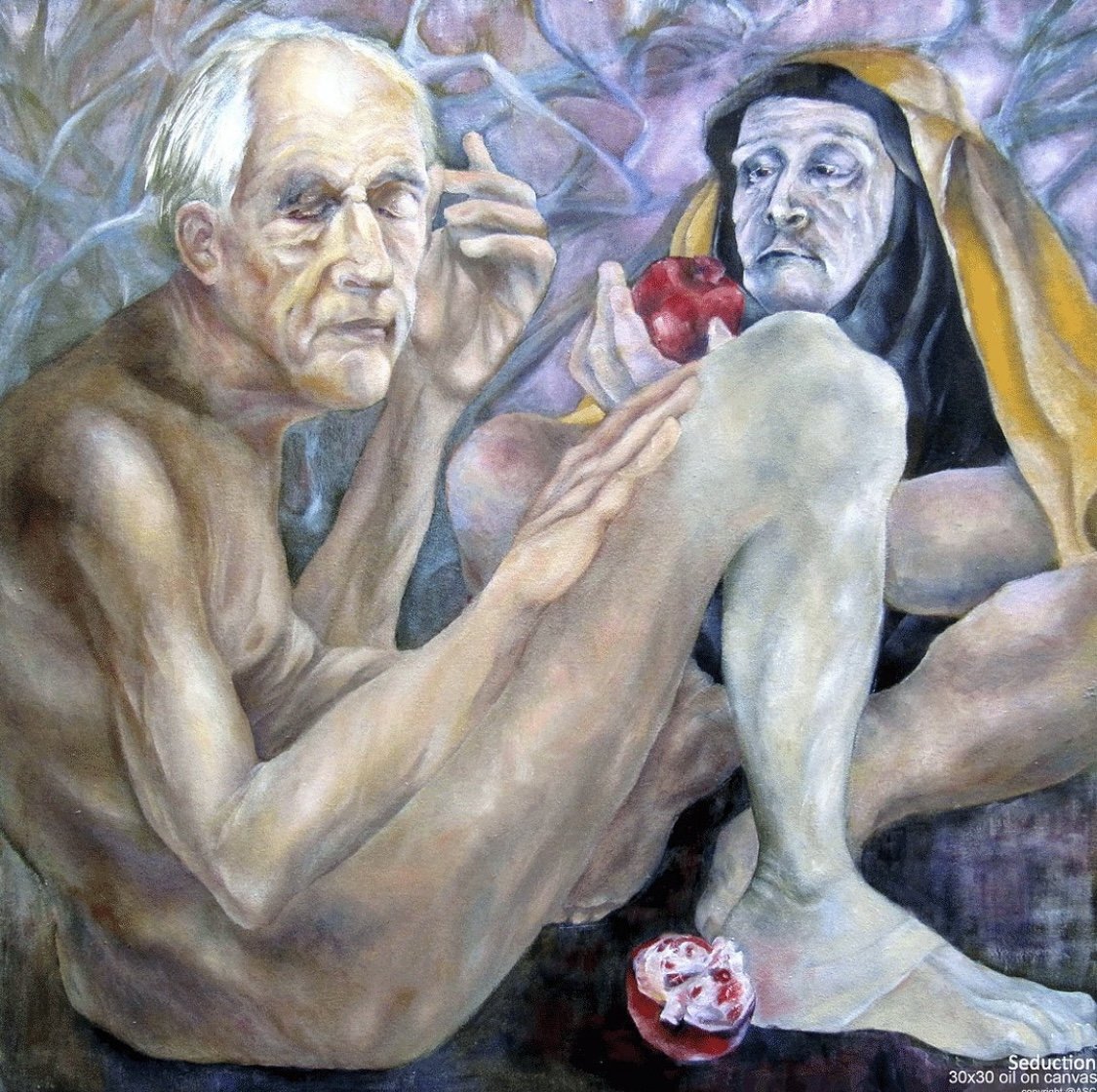 A painting of an elderly man with a mustache and a woman holding an apple and a skull, portraying themes of temptation and mortality.