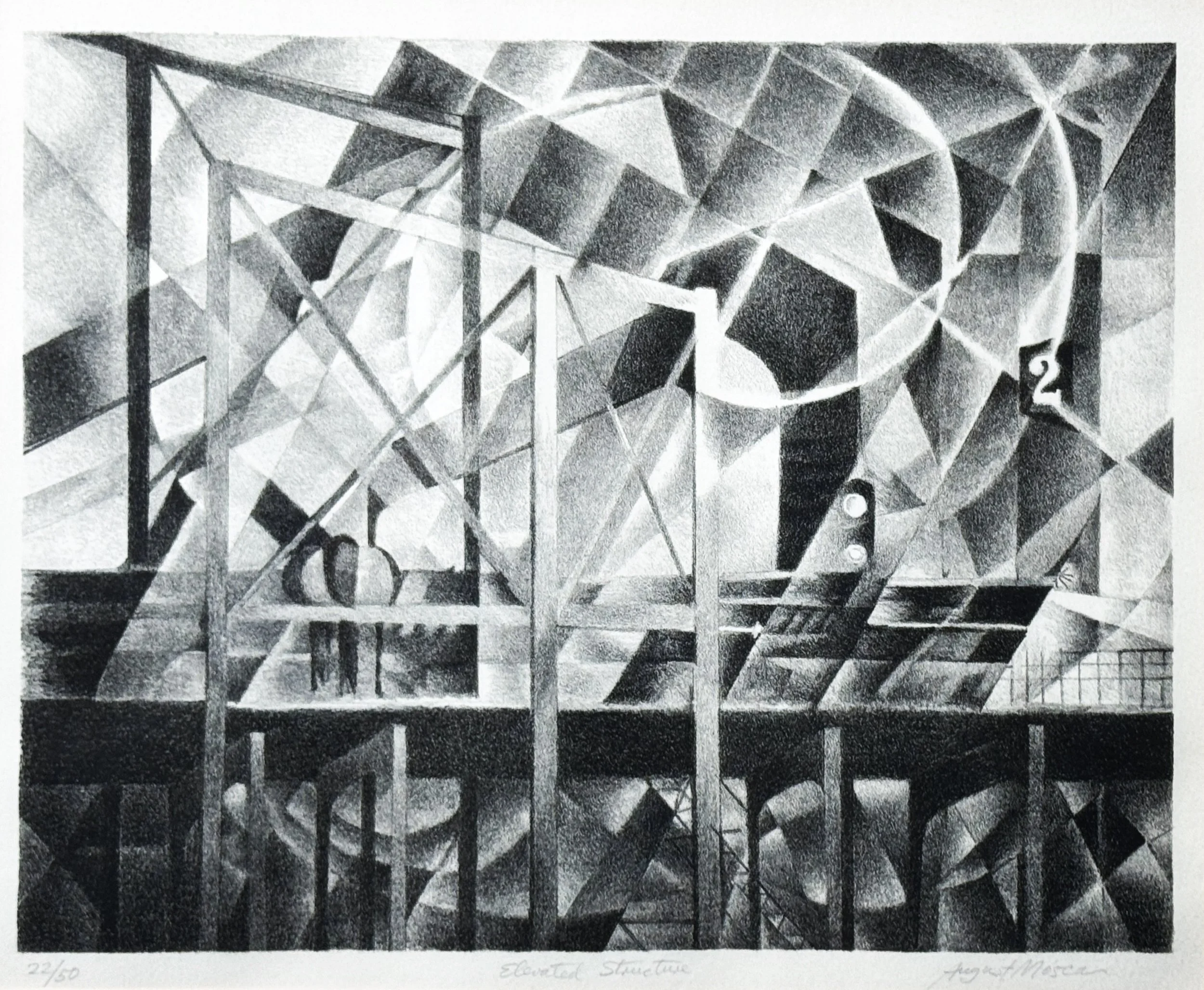 A grayscale abstract drawing of a geometric structure, resembling an elevated metal scaffolding or architectural framework, with a complex interconnected grid of beams and supports, set against a background of abstract shapes and lines.
