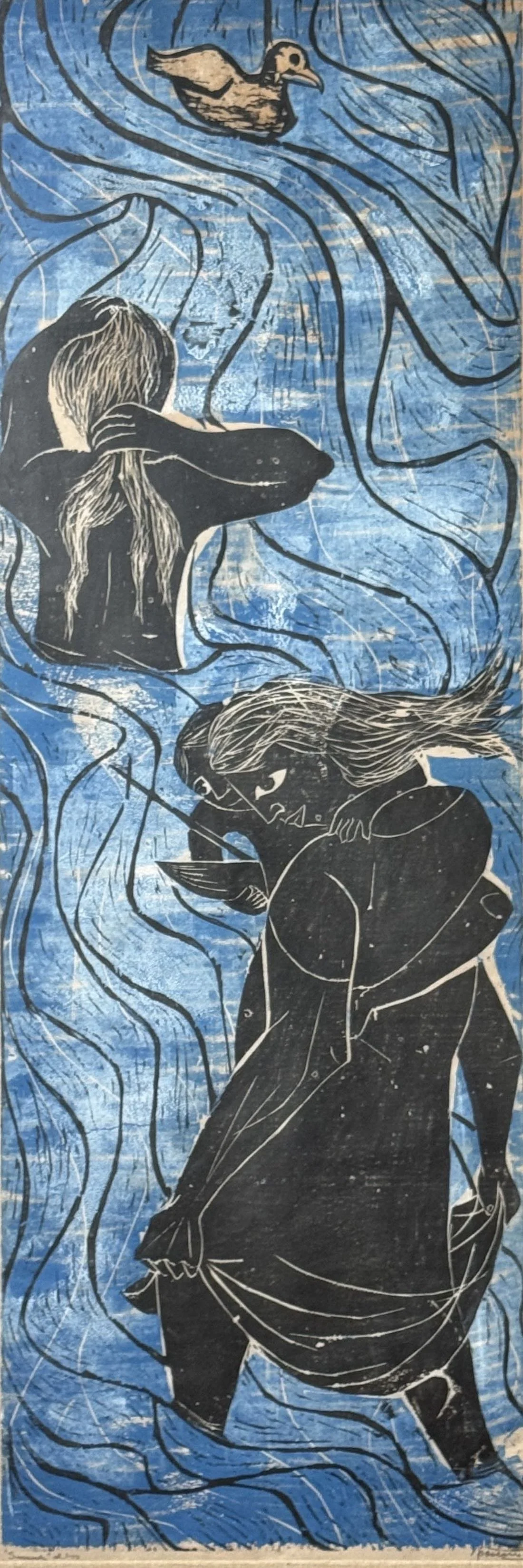 Street art mural depicting a woman submerged in water, reading a book, with flowing hair, surrounded by wavy lines and a duck at the top.