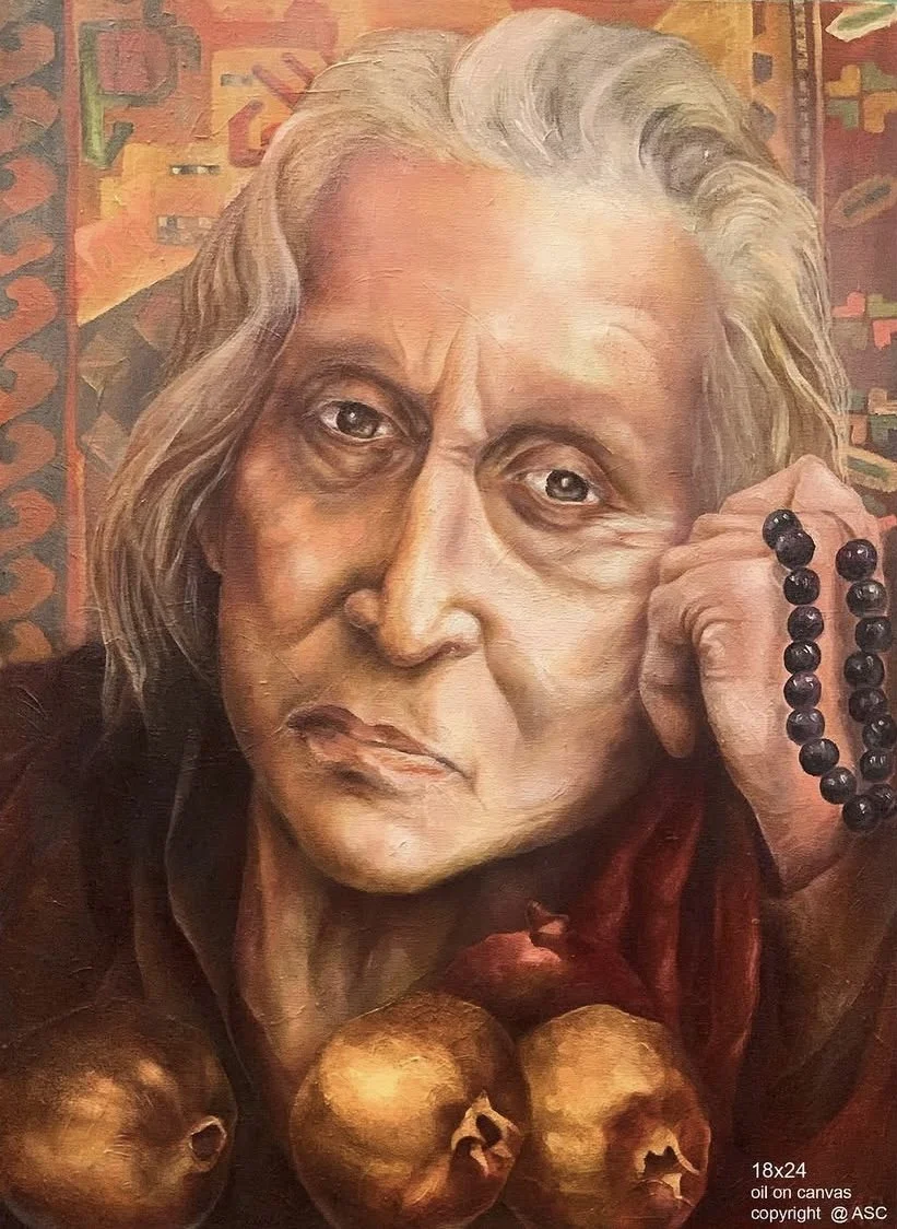 A realistic painting of an elderly woman with gray hair, resting her head on her hand, holding a beaded necklace, with a serious expression. The background features a colorful, patterned design.