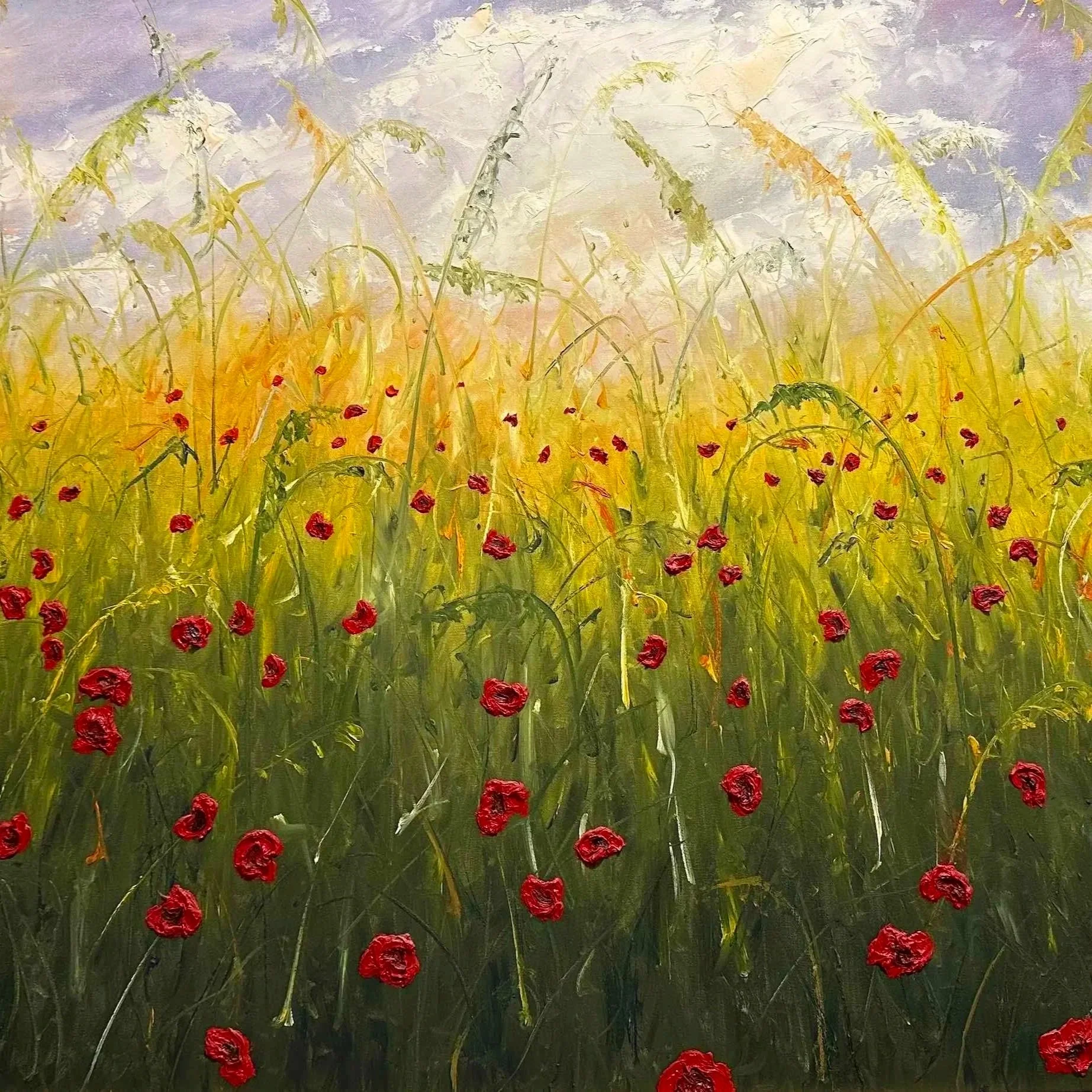 A painting of a wildflower field with tall yellow grass, red poppies, and a partly cloudy sky.