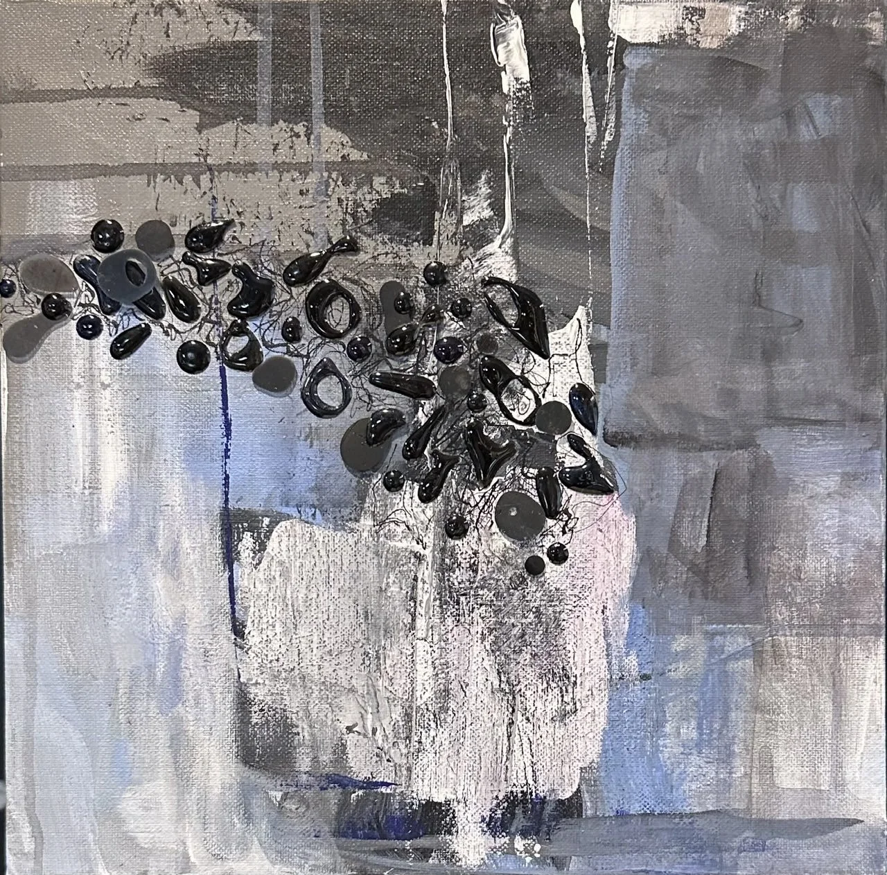A modern abstract painting featuring a vase with black, shiny, irregularly shaped objects resembling flowers, set against a textured gray and white background.