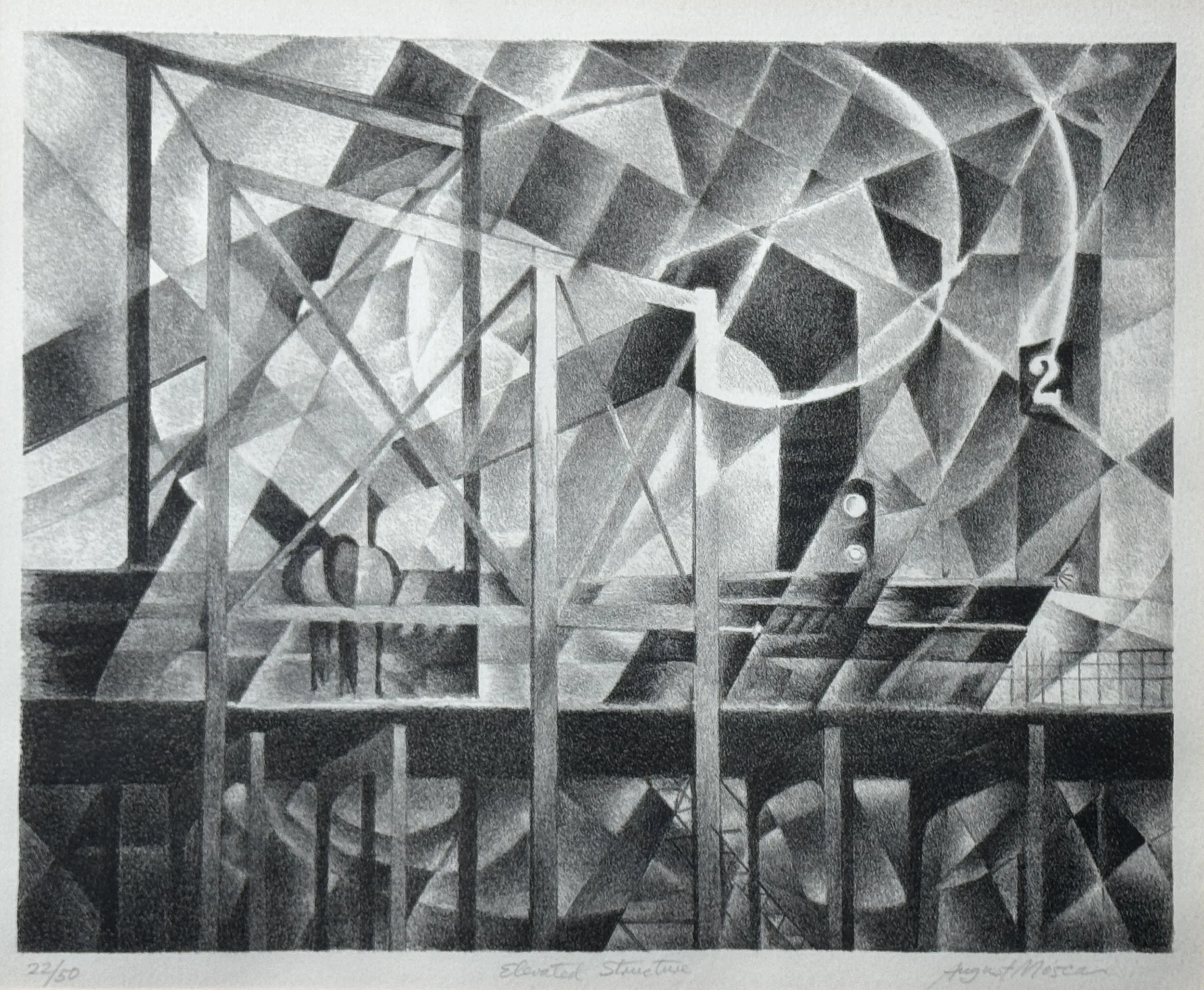 A black and white drawing of an abstract architectural structure with geometric shapes, beams, and scaffolding. There are numbered signs, '2' and '9', visible in the structure.