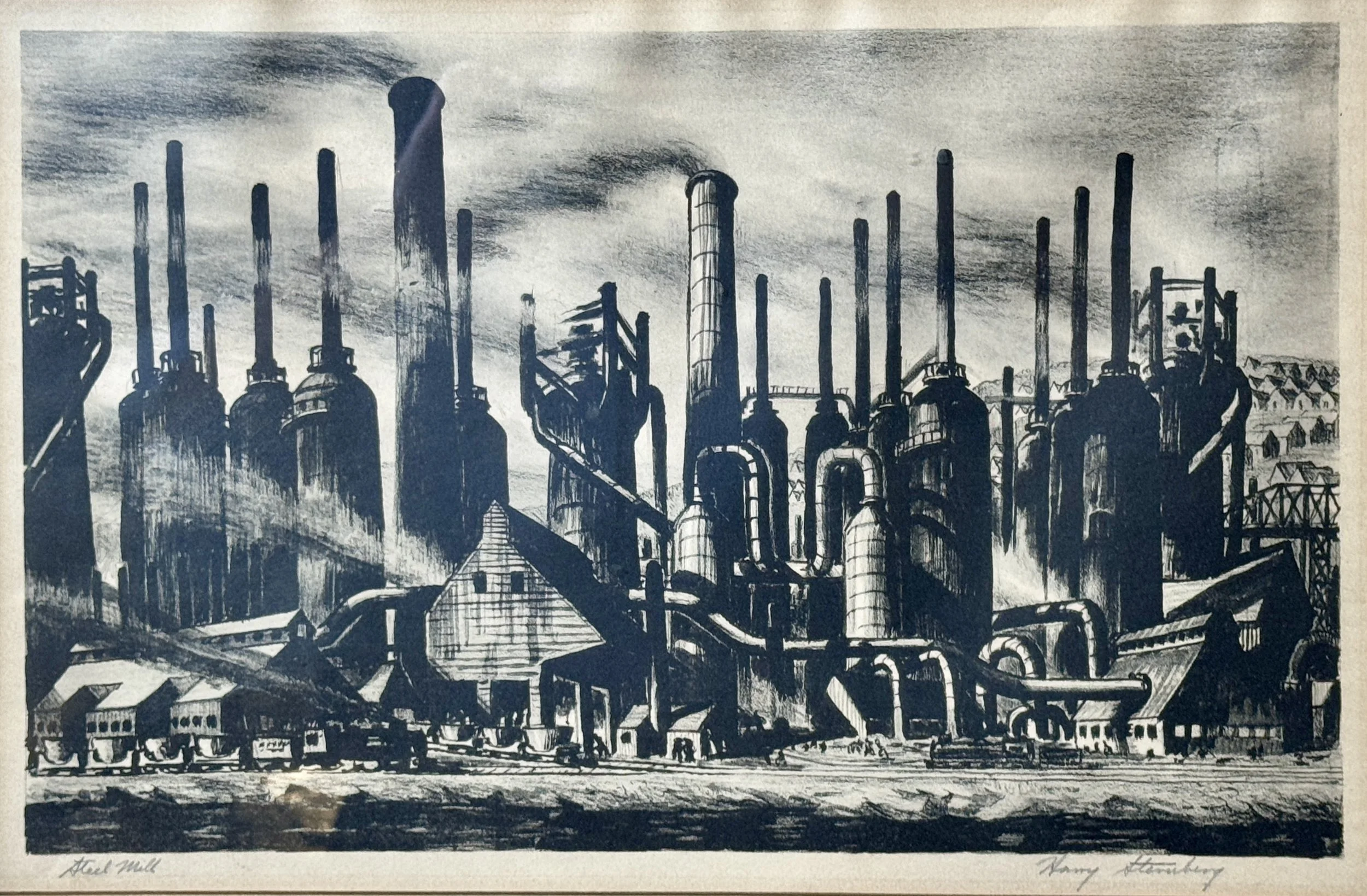 Black and white illustration of an industrial steel mill with multiple smokestacks and large buildings, smoke rising from the chimneys, and several trucks in the foreground.