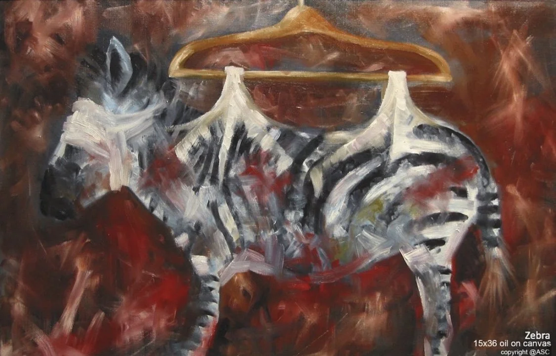 An oil painting of two zebras hanging on a wooden hanger, with a background of reddish-brown hues.