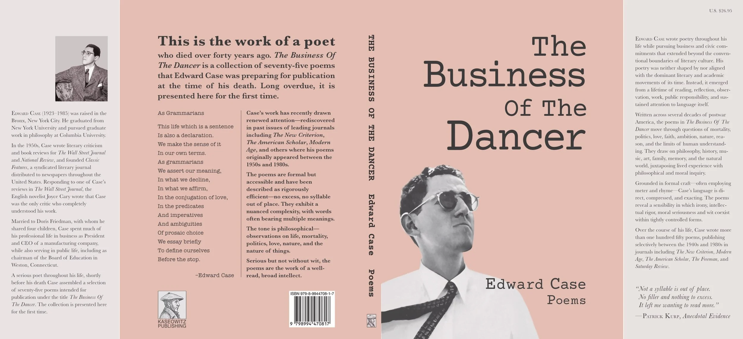 Book cover of "The Business of The Dancer" by Edward Case, featuring a black and white photo of a man wearing glasses and a suit, with a pink background and black text.