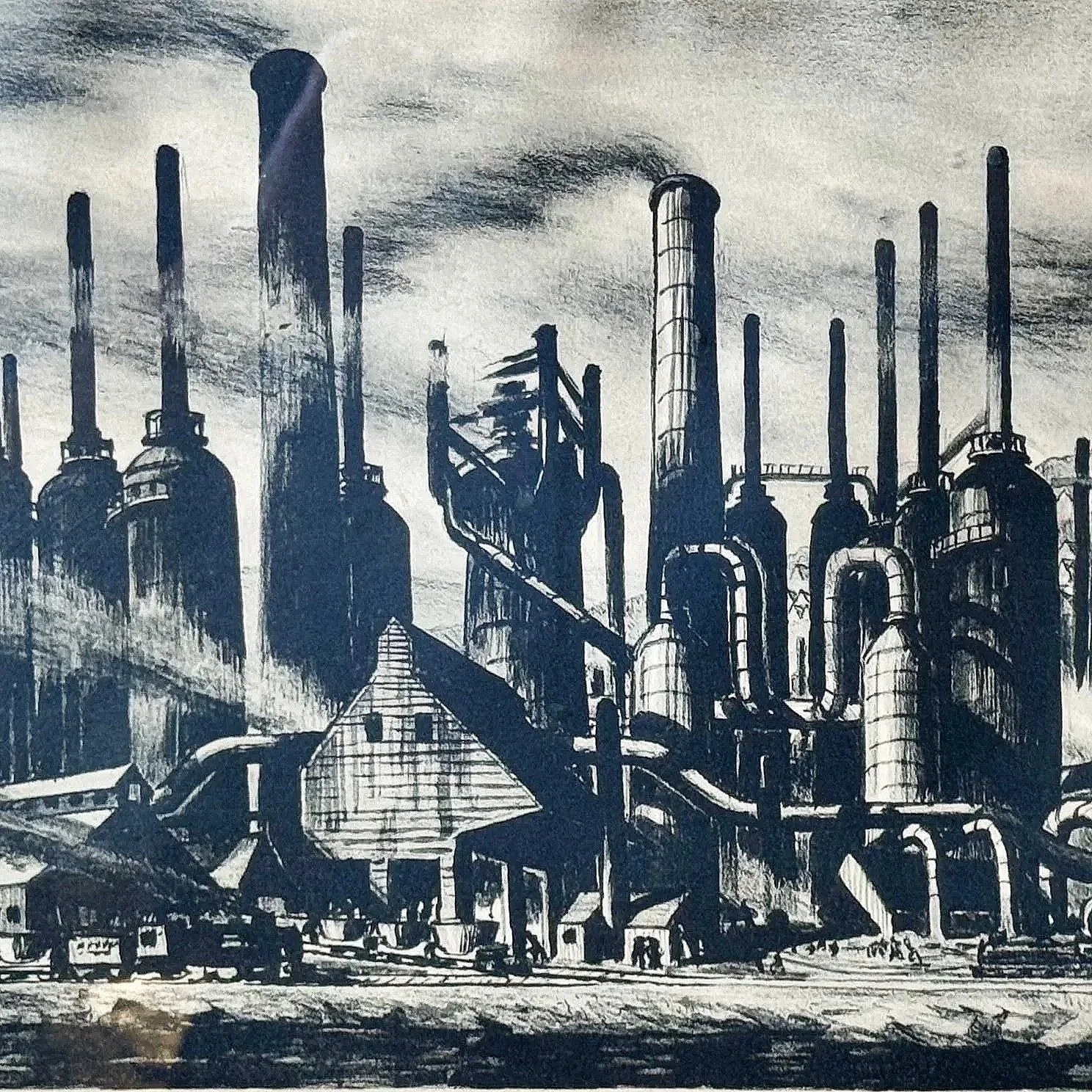 Black and white illustration of an industrial factory with many tall chimneys emitting smoke, various pipes, and structures.