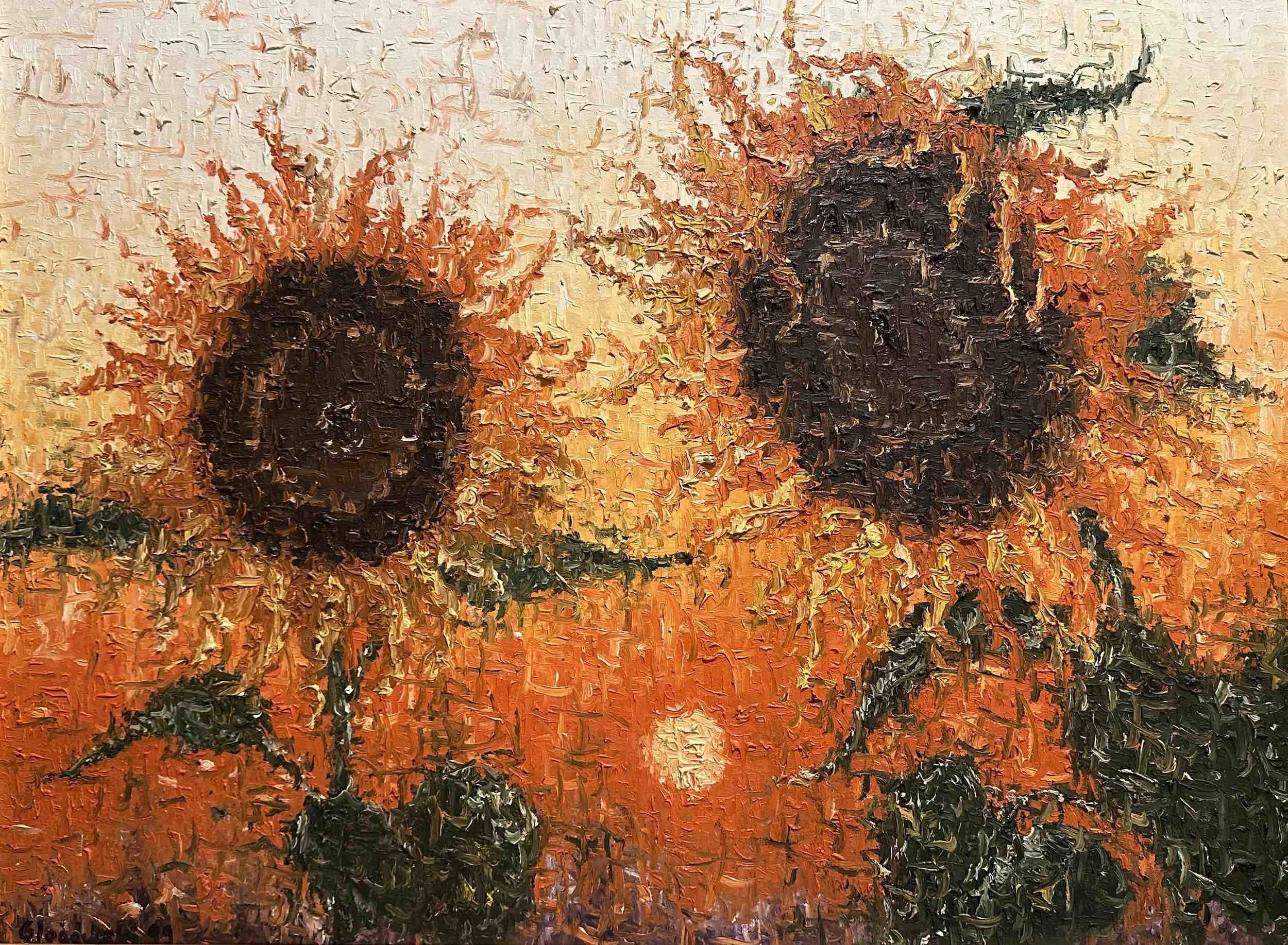 Impressionist painting of a sunflower in a field during sunset, with warm orange and yellow colors and textured brushstrokes.