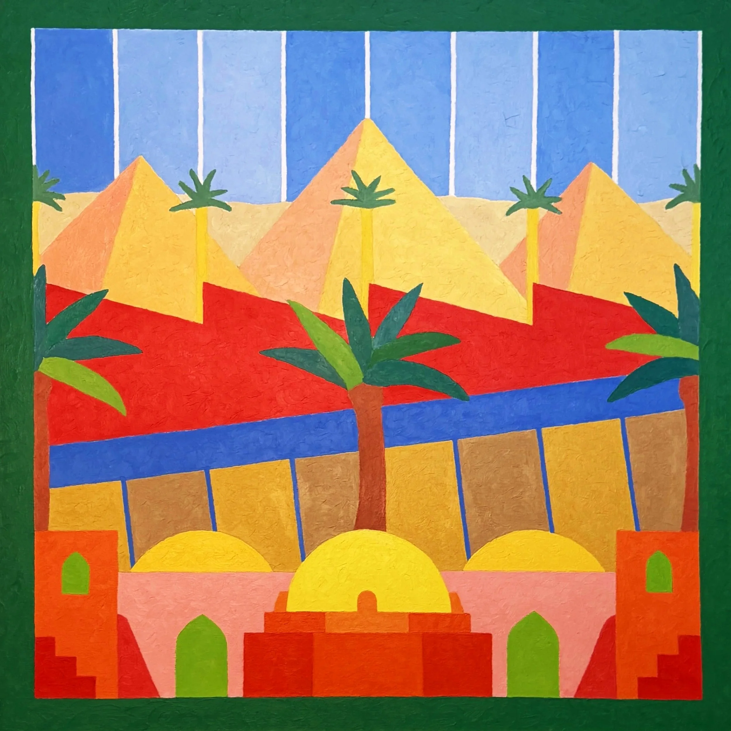 Colorful abstract painting of pyramids, palm trees, and geometric structures with vibrant colors.