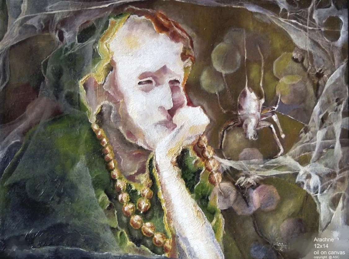 Oil painting of a melancholy, contemplative woman, resting her chin on her hand.