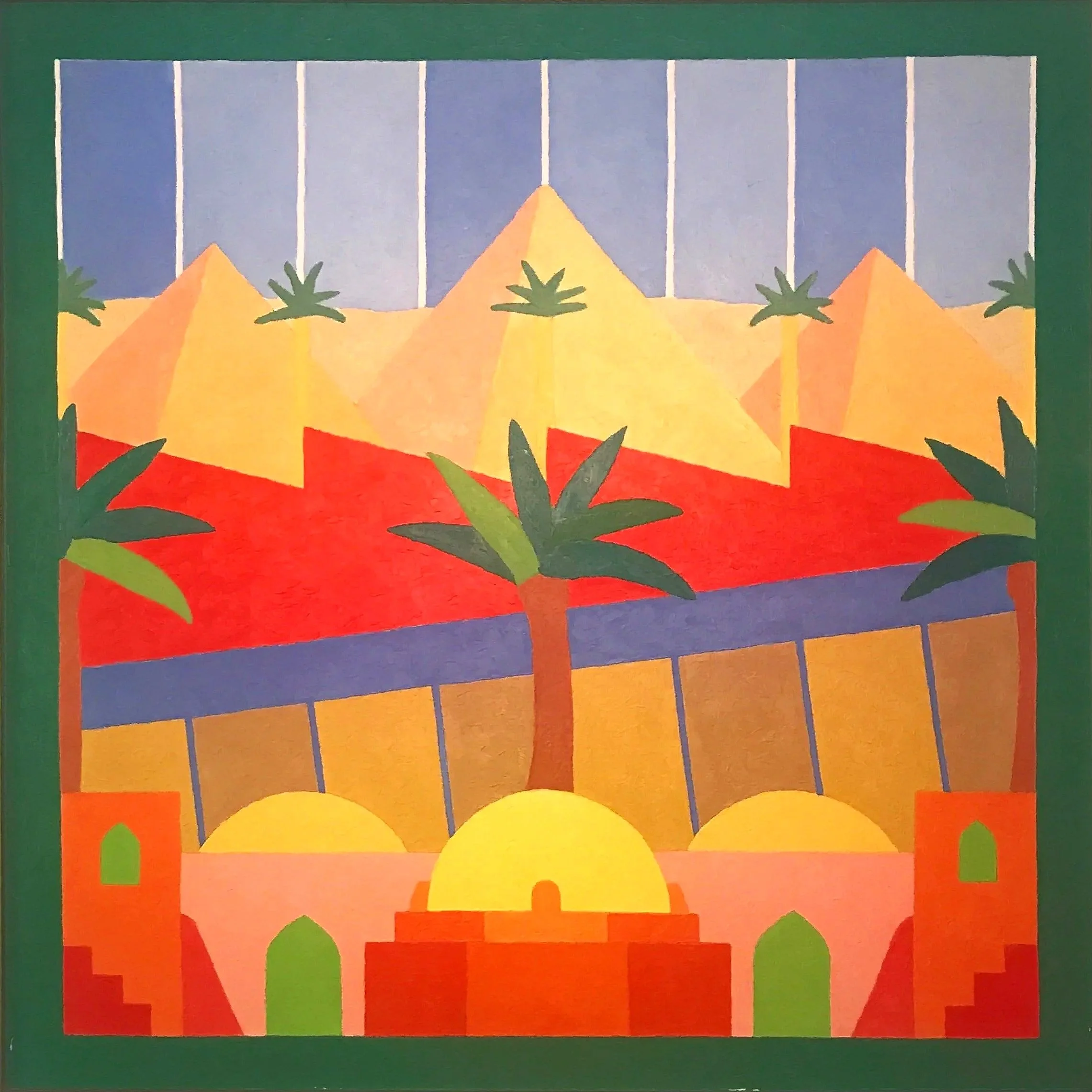 Colorful abstract art featuring pyramids, palm trees, a fountain, and architectural elements.