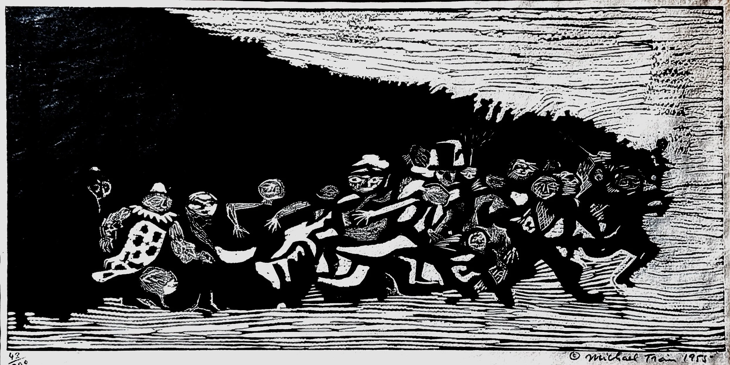 A black and white woodcut illustration of a group of skeletons dancing and playing musical instruments, with one skeleton wearing a top hat, in a lively scene.