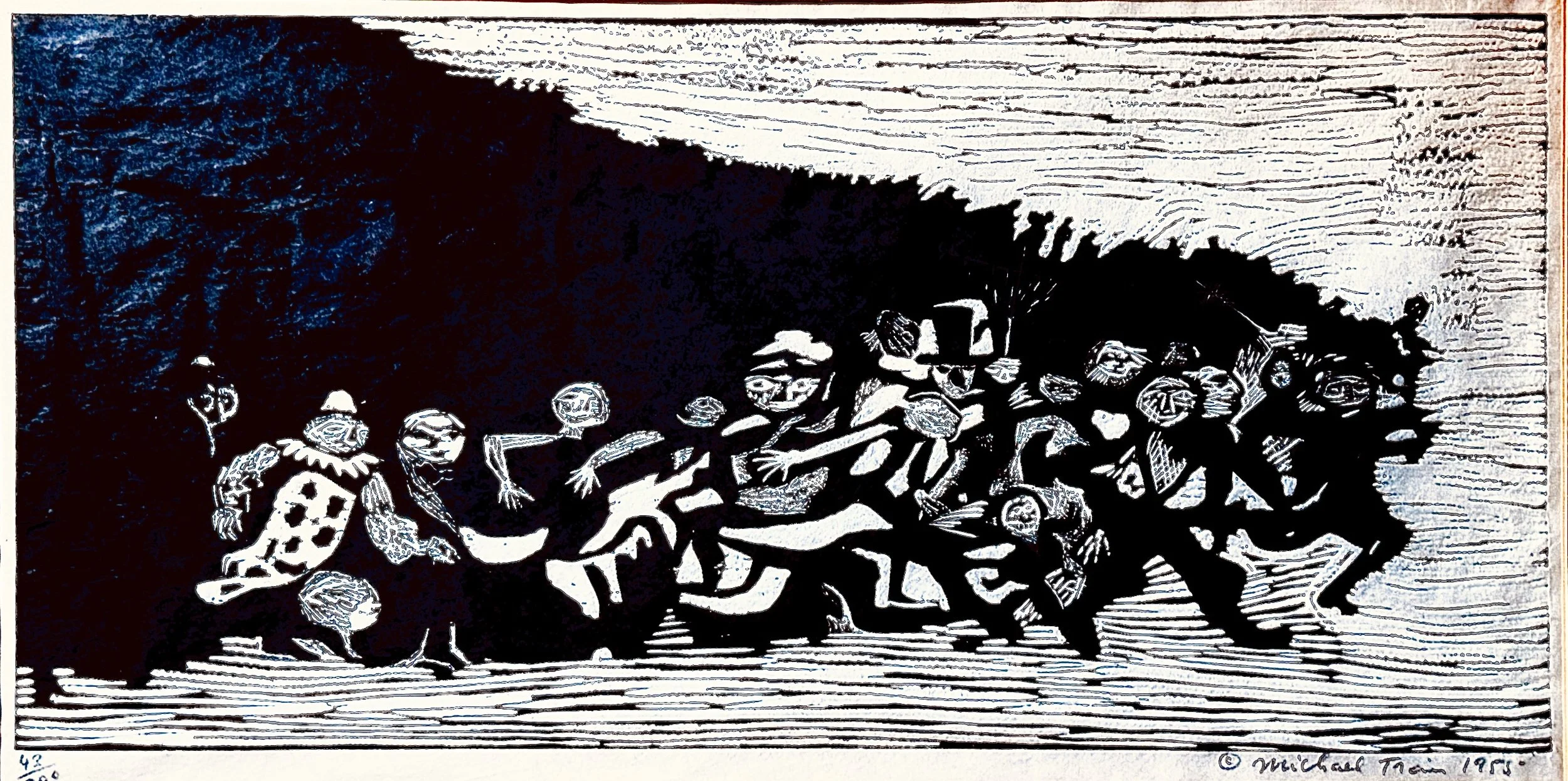 A black and white illustration of the iconic Beatles Abbey Road album cover with skeletal figures and a dark background.