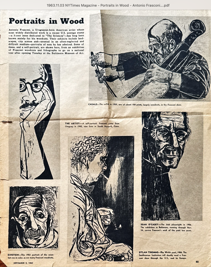Newspaper article titled 'Portraits in Wood' featuring woodcut portraits of five individuals: Casals, an elderly man; a self-portrait of Antonio Frasconi; Sean O'Casey, an older man with glasses; Dylan Thomas, a man smoking; and Einstein, with a mustache and soulful eyes.