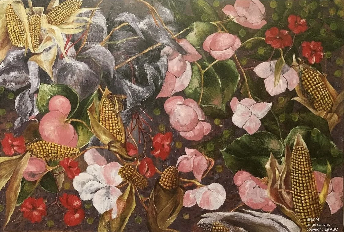 A floral arrangement painting featuring pink, white, and red flowers, green leaves, dark purple and gray foliage, and yellow corn cobs on a dark background.