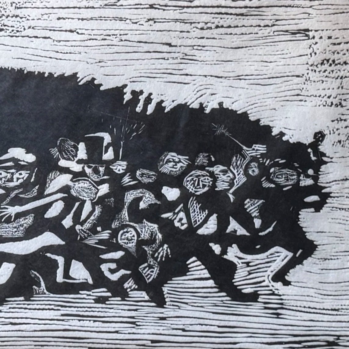 Woodcut print of a dinosaur, specifically a Tyrannosaurus rex, with skeletal and flesh details, set against a textured background.