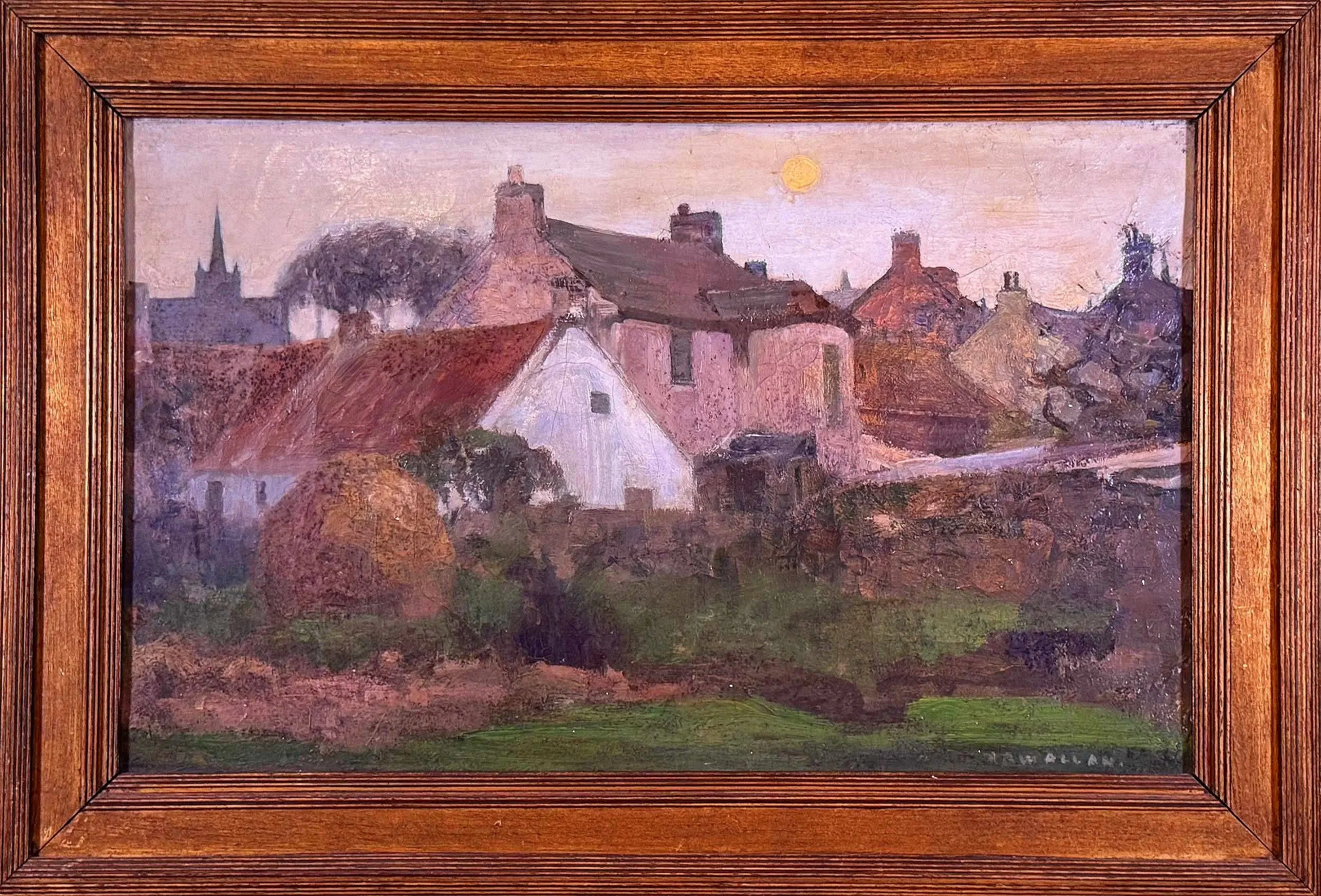 A painting of a rural village with houses, trees, and a church or cathedral steeple in the background, under a pale sky with a small yellow sun.