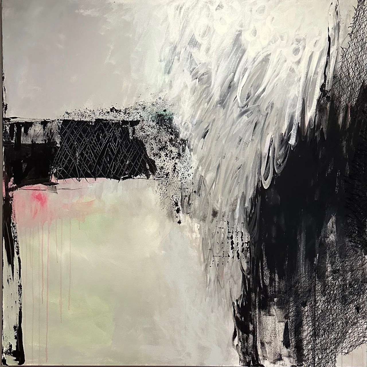 Abstract black, white, and light green painting with textured and splattered elements.