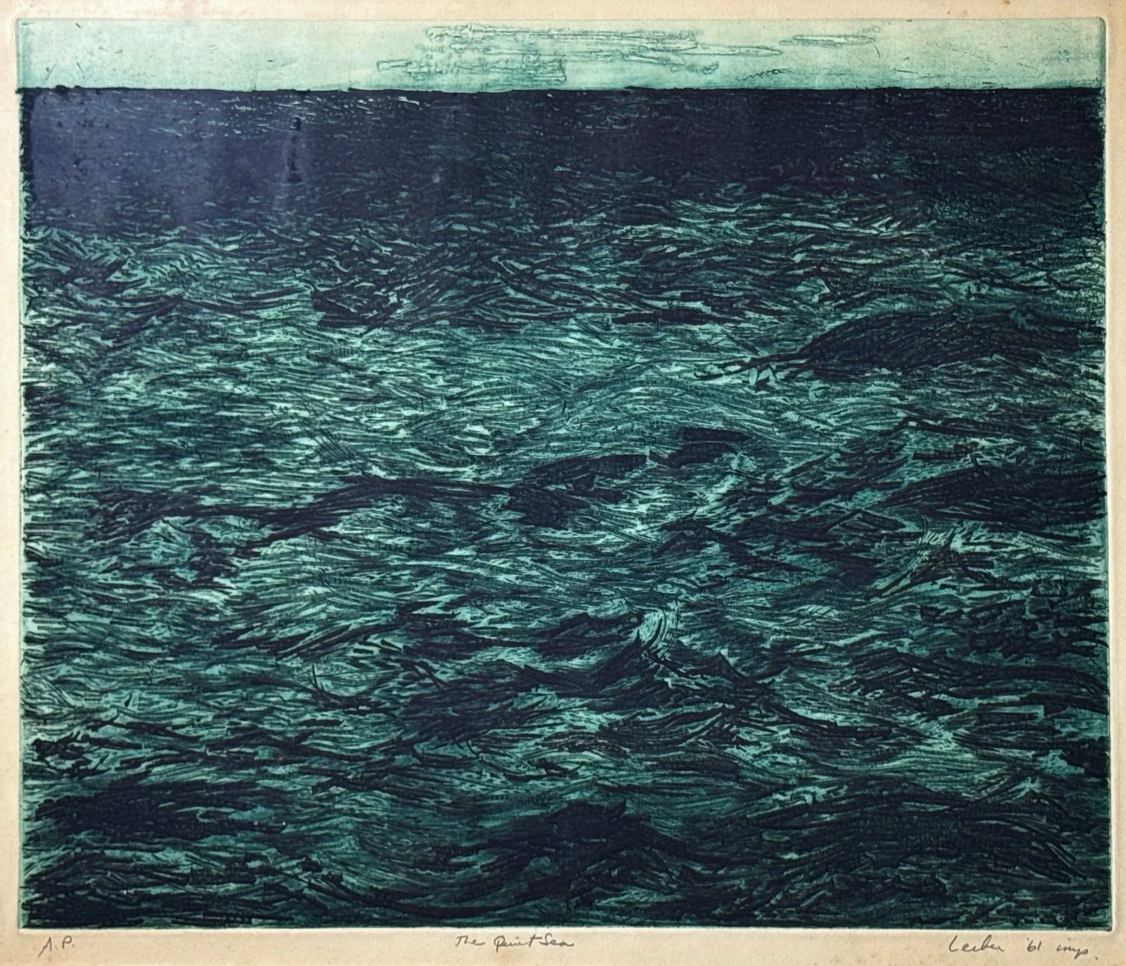 A painting titled "The Point Sea" depicting a seascape with dark textured waves and a blue-green color palette.