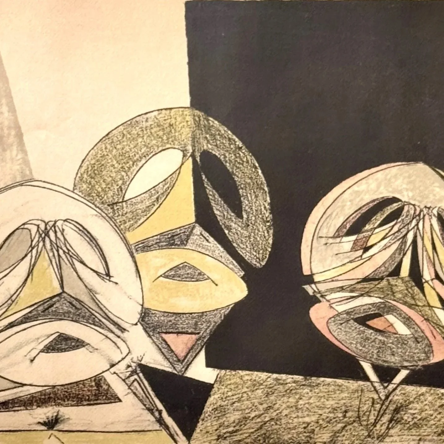 Abstract still life artwork featuring geometric shapes, eyes, and faces in muted colors including yellow, pink, and black.