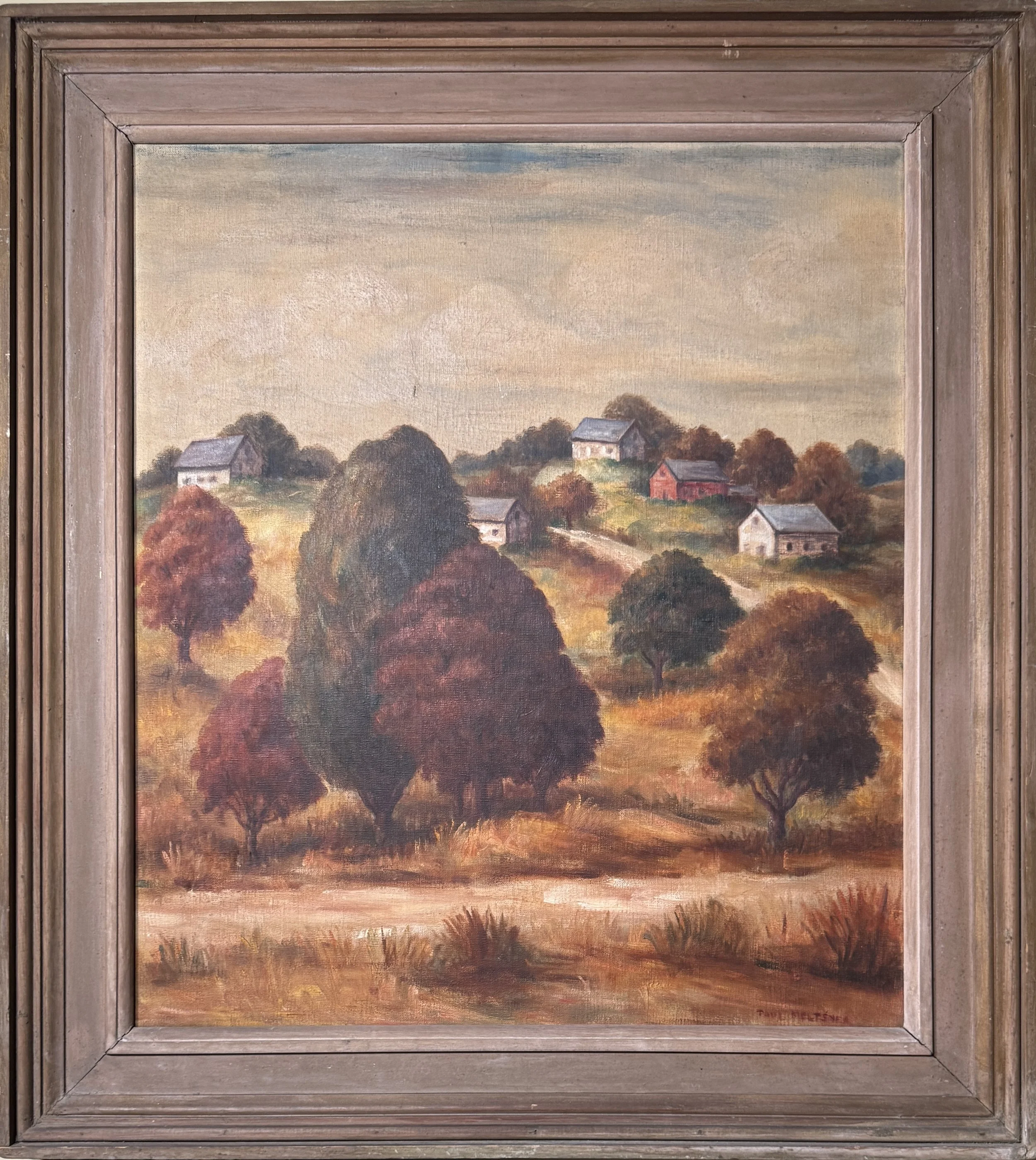 A painting of a peaceful countryside scene with trees, houses, and rolling hills under a cloudy sky.