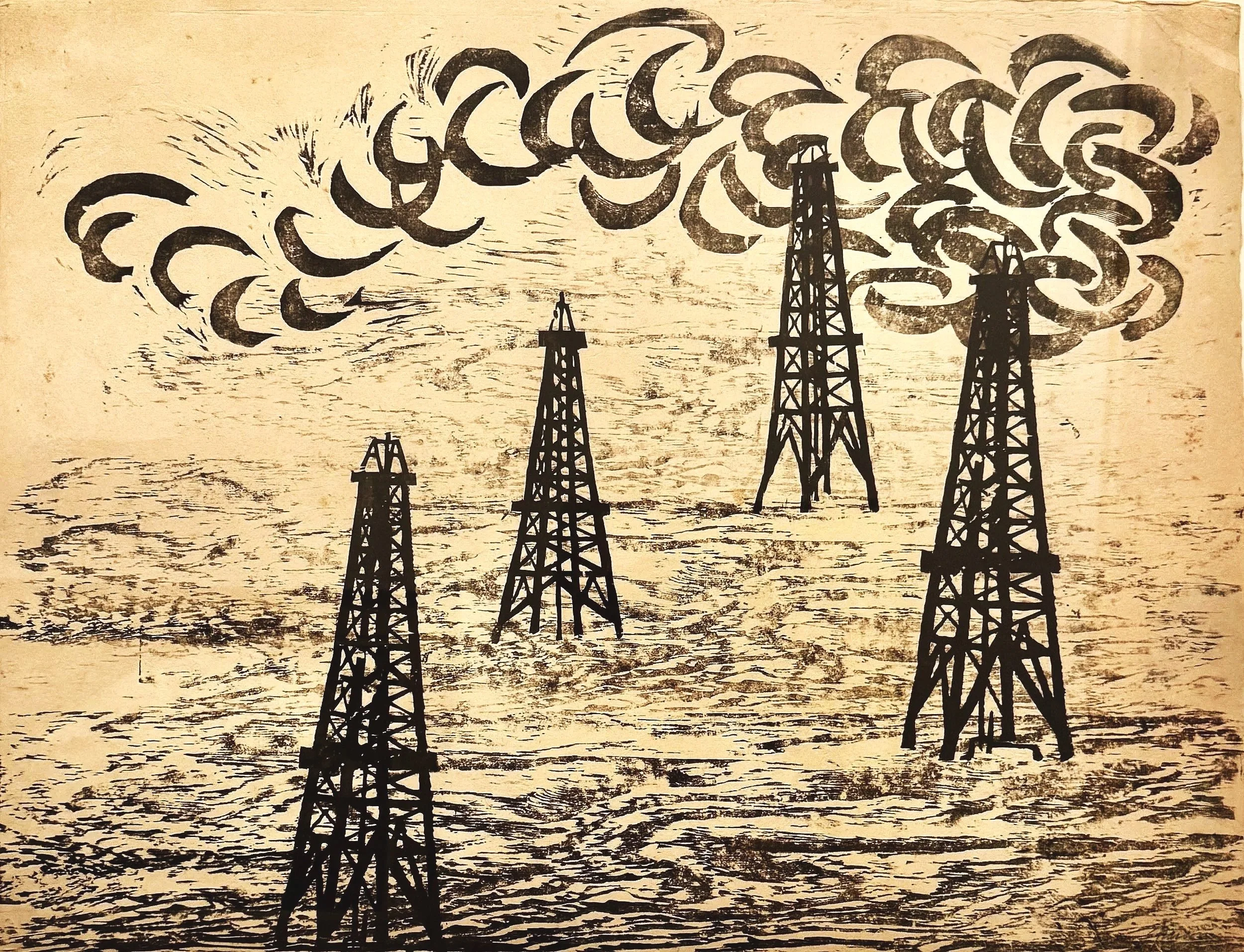 Woodcut print by Antonio Frasconi of oil derricks.