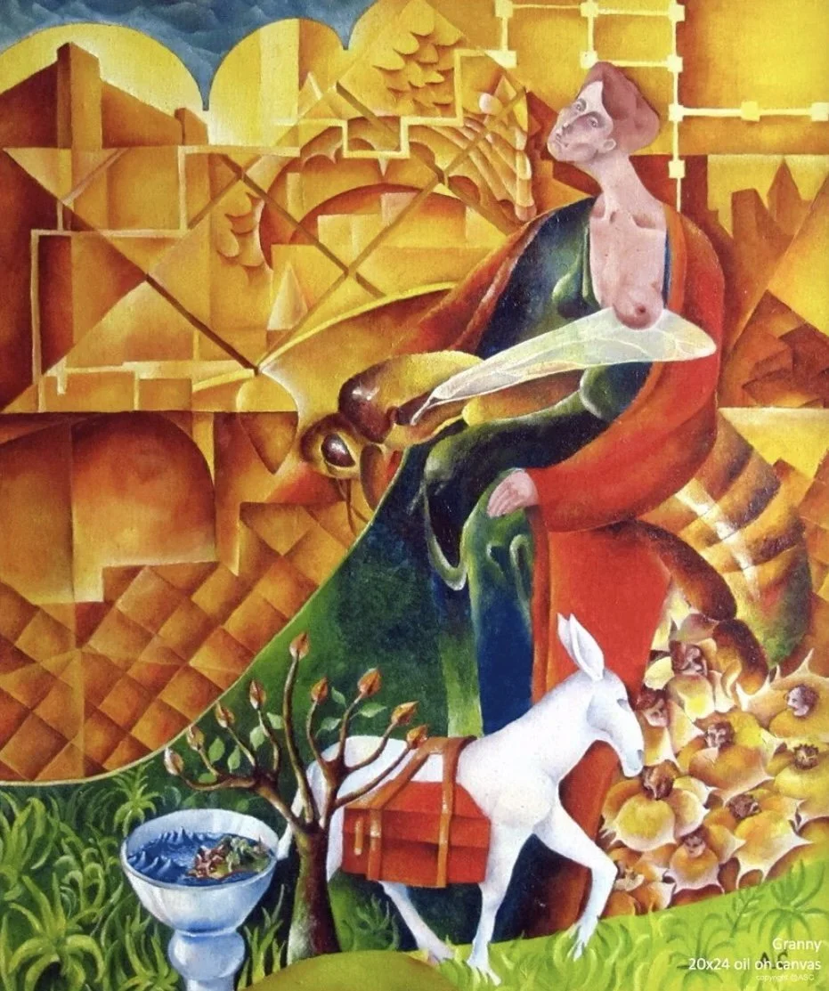 Colorful abstract painting featuring a woman with a parasol, a white donkey with a backpack, a bowl of water with frogs, a tree, and various geometric shapes in warm yellow, green, and orange tones.