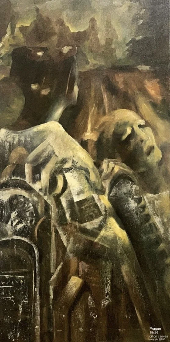 An haunting oil painting titled "Prague" featuring a distorted face, anguish,  a dark background with muted colors.
