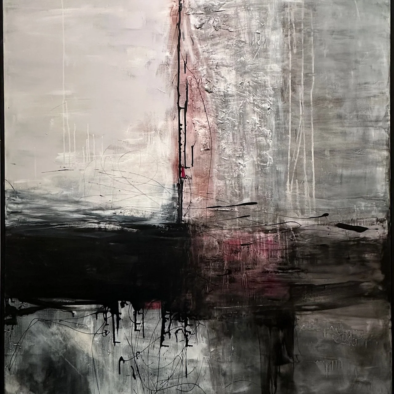 Abstract painting with black, white, gray, and pinkish-red colors featuring vertical and horizontal lines and textured areas.