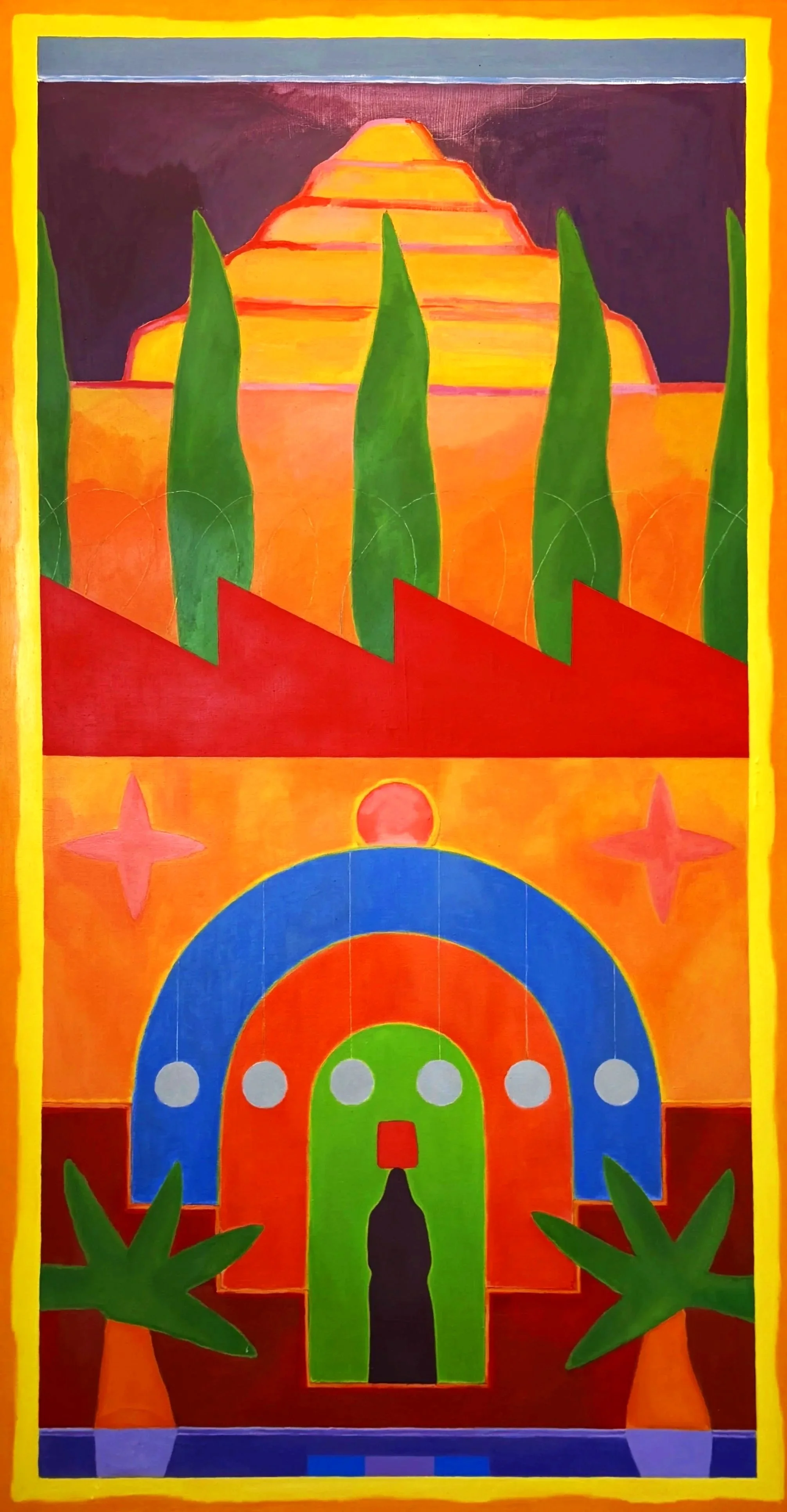 Colorful abstract painting of a landscape with pyramidal hills, tall green cypress trees, and a structure with colorful arches, circles, stars, and a red pathway, framed with a yellow border.