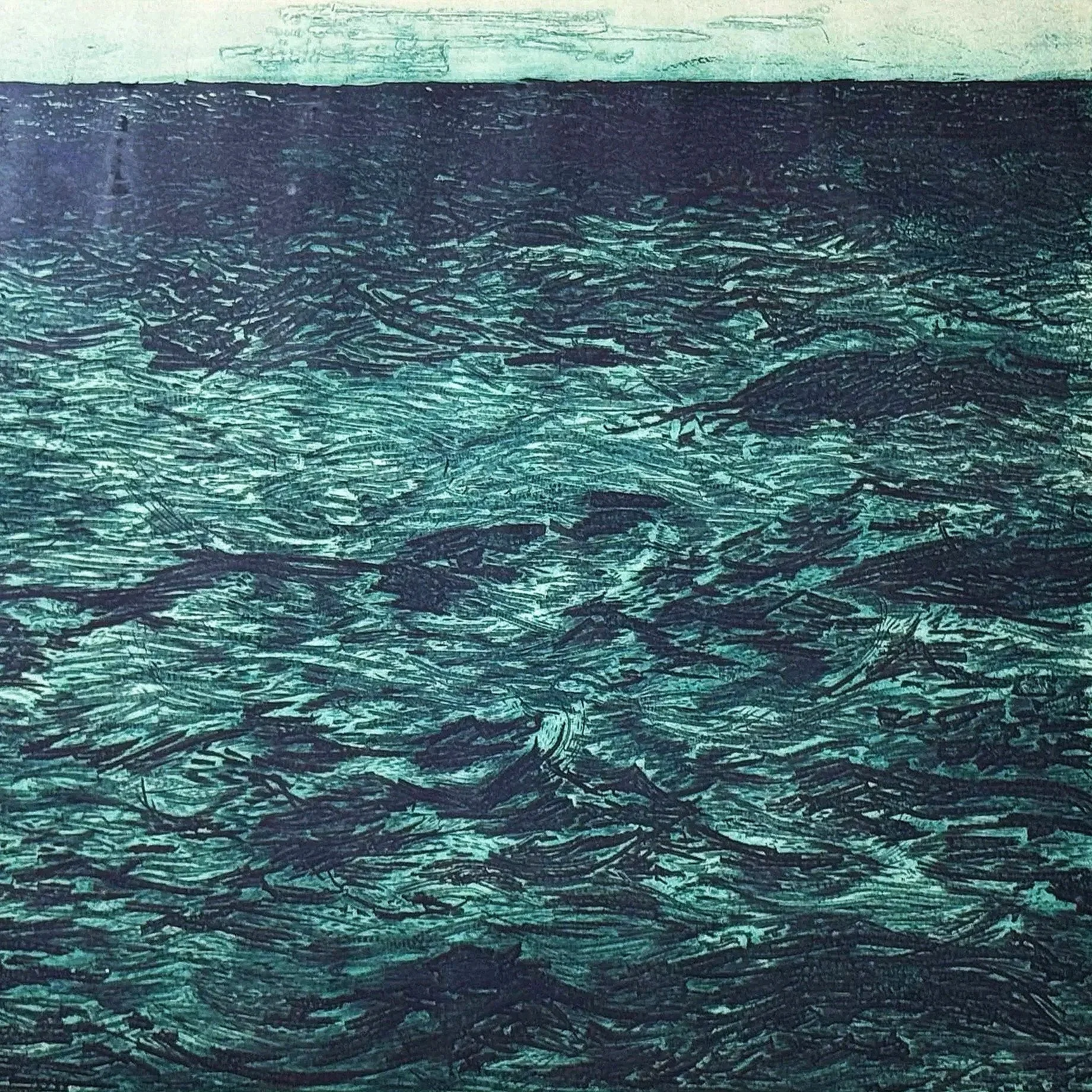 A textured abstract painting of what appears to be a body of water, with shades of dark teal and black, and layered brushstrokes suggesting waves or ripples.