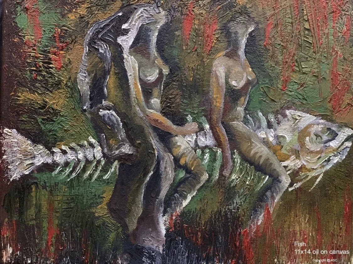 An oil painting on canvas depicting three abstract human figures with long hair, surrounded by vibrant, textured background with greens, reds, and browns, and a horizontal skeletal element at the bottom.