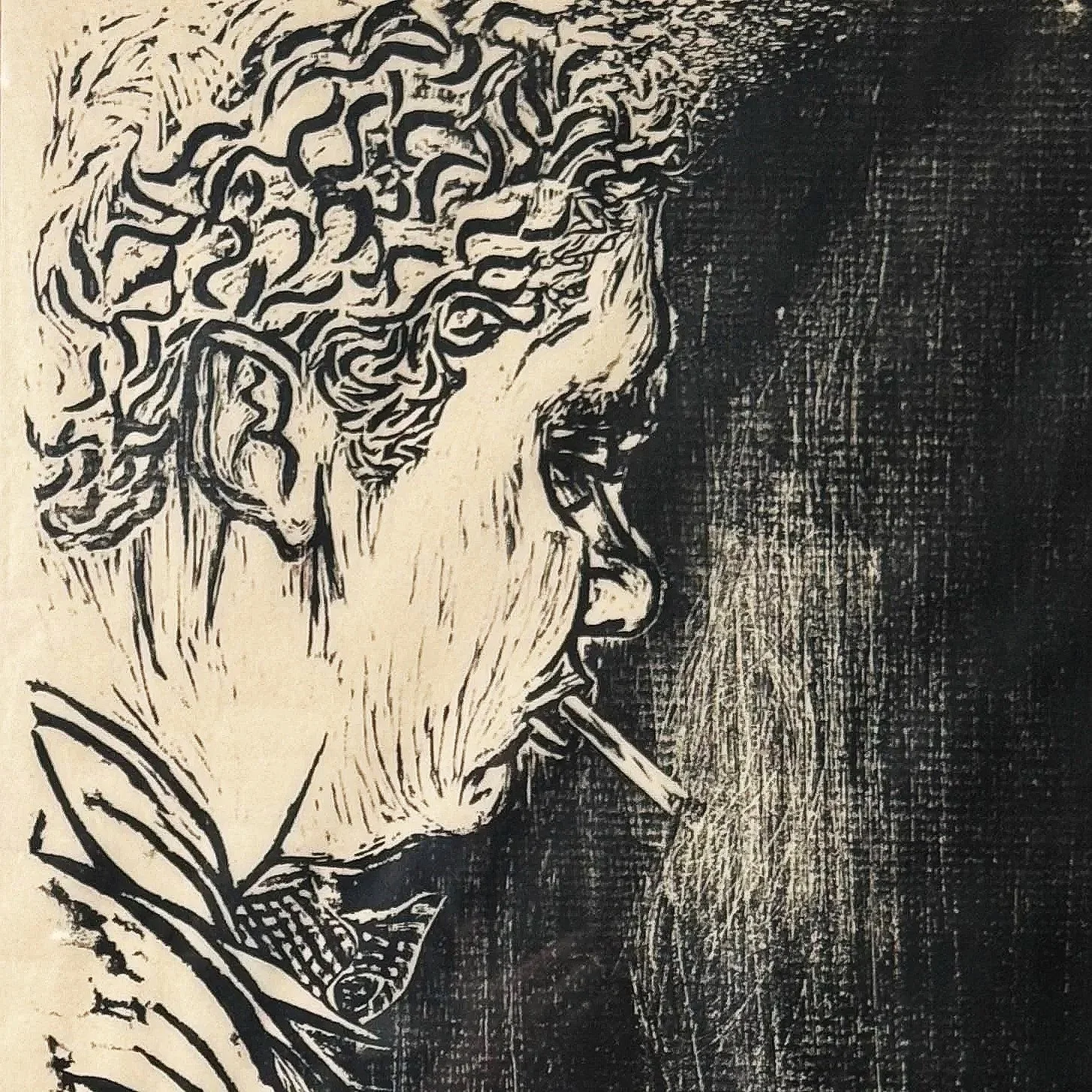 A black and white line drawing of a man with curly hair smoking a cigarette.