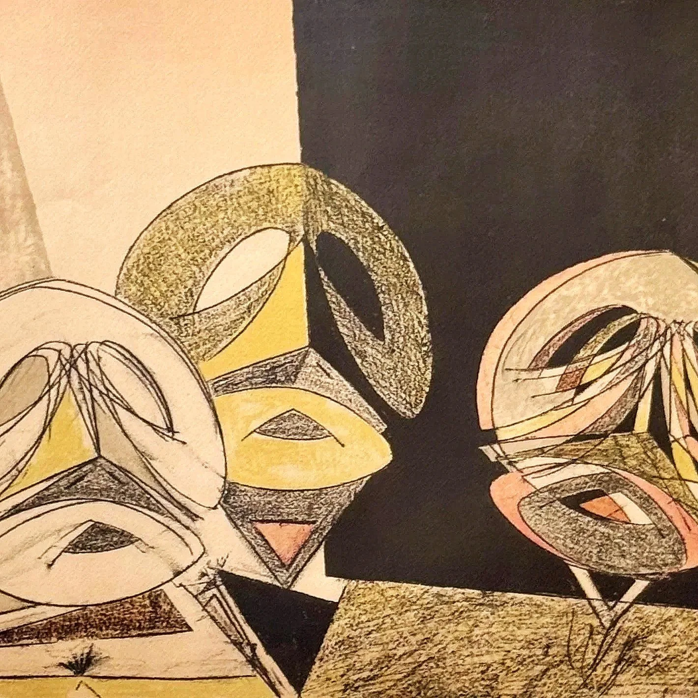 Abstract geometric artwork with multiple interconnected rounded and angular shapes in black, yellow, pink, and beige hues.