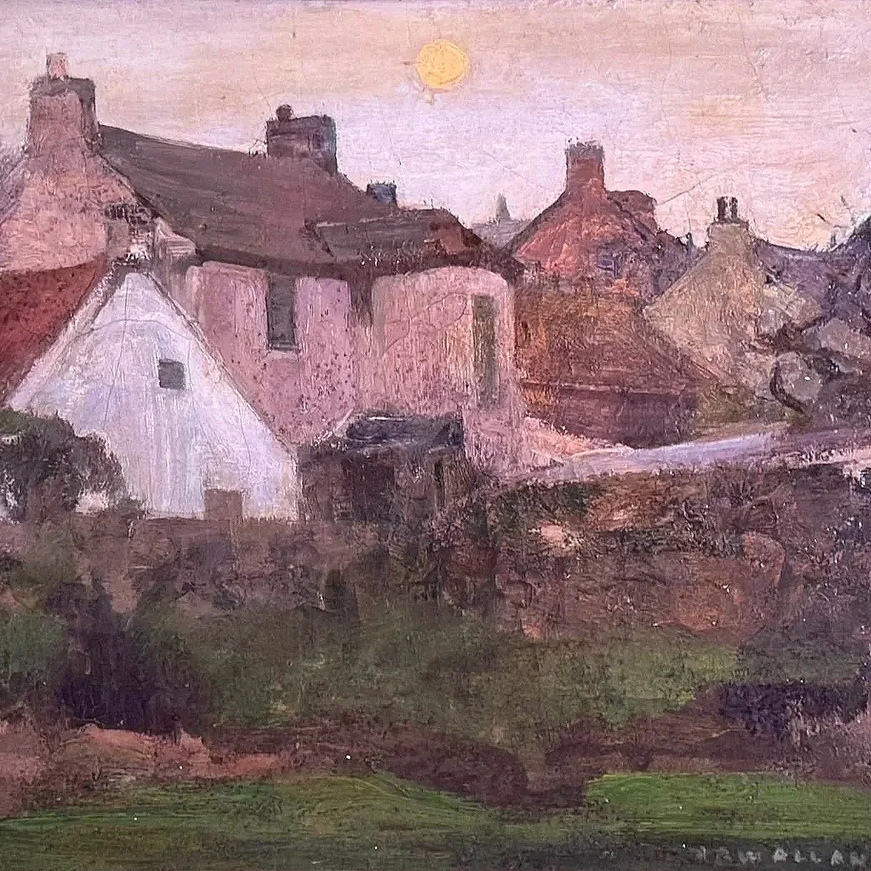 Painting of a quaint village with houses, a church, and a road, under a setting or rising sun, with greenery in the foreground.