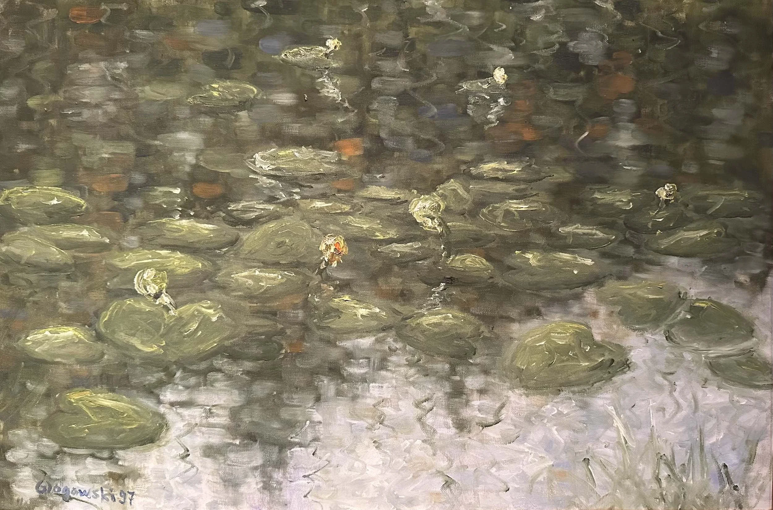 Impressionist painting of a pond with lily pads and a few floating water lilies.