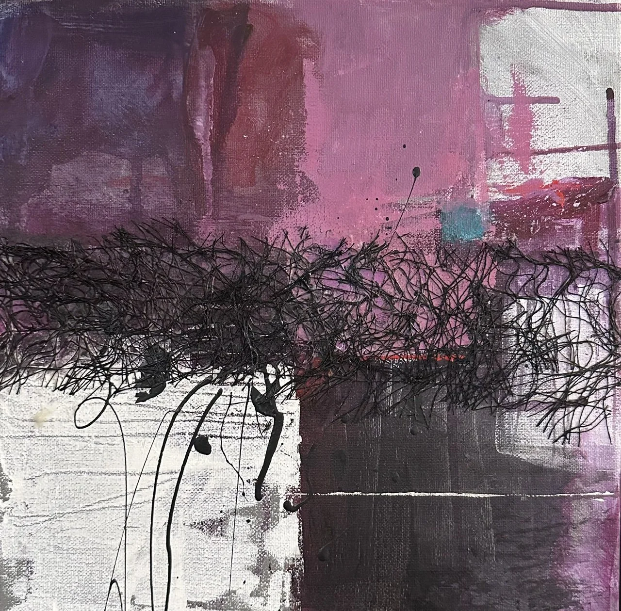 Abstract painting with shades of purple, pink, white, and black, featuring textured brushstrokes and tangled black lines resembling twisted wire or roots.