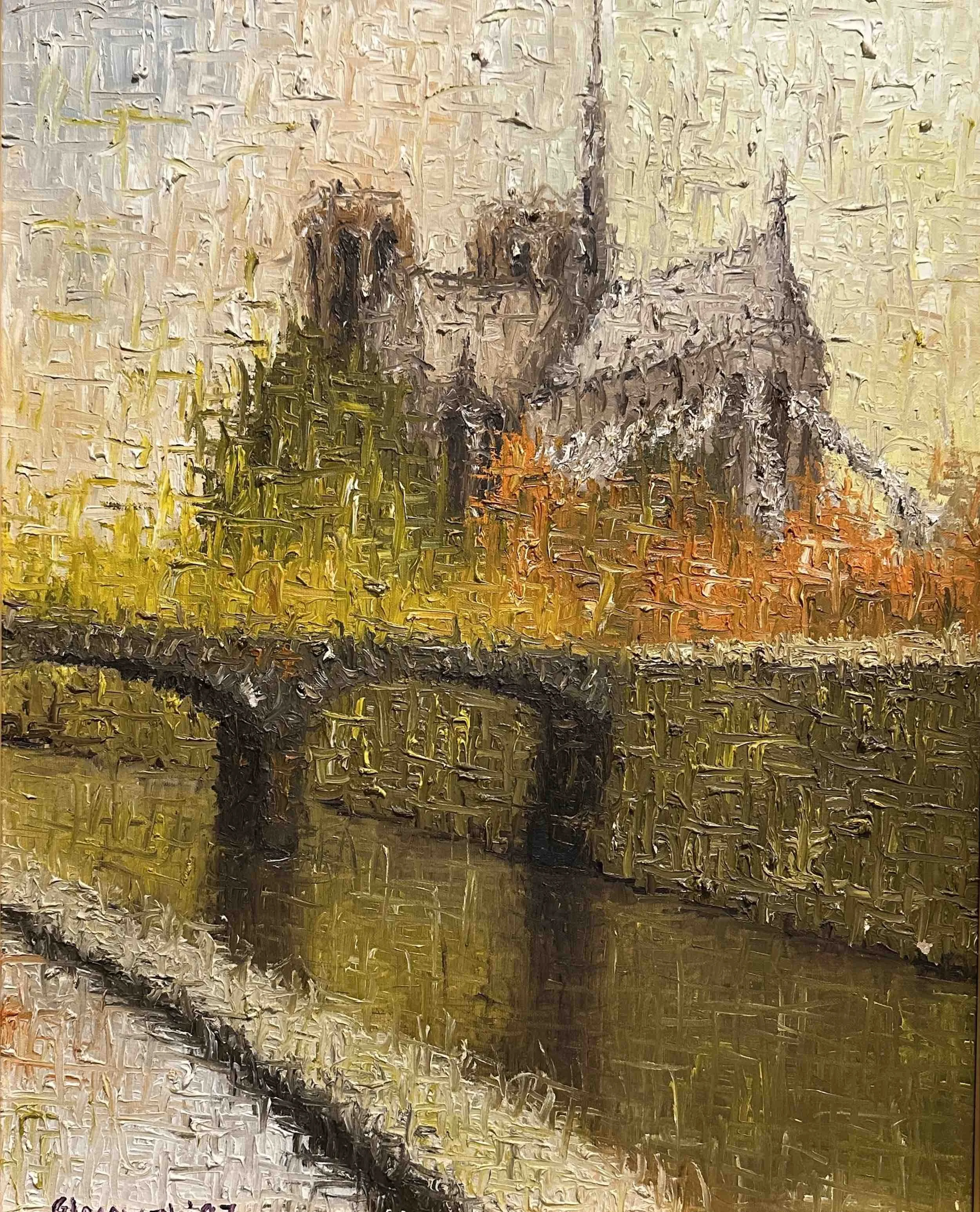 Impressionist painting of a historic cathedral with pointed towers, surrounded by trees with fall foliage, reflected in a pond in the foreground.