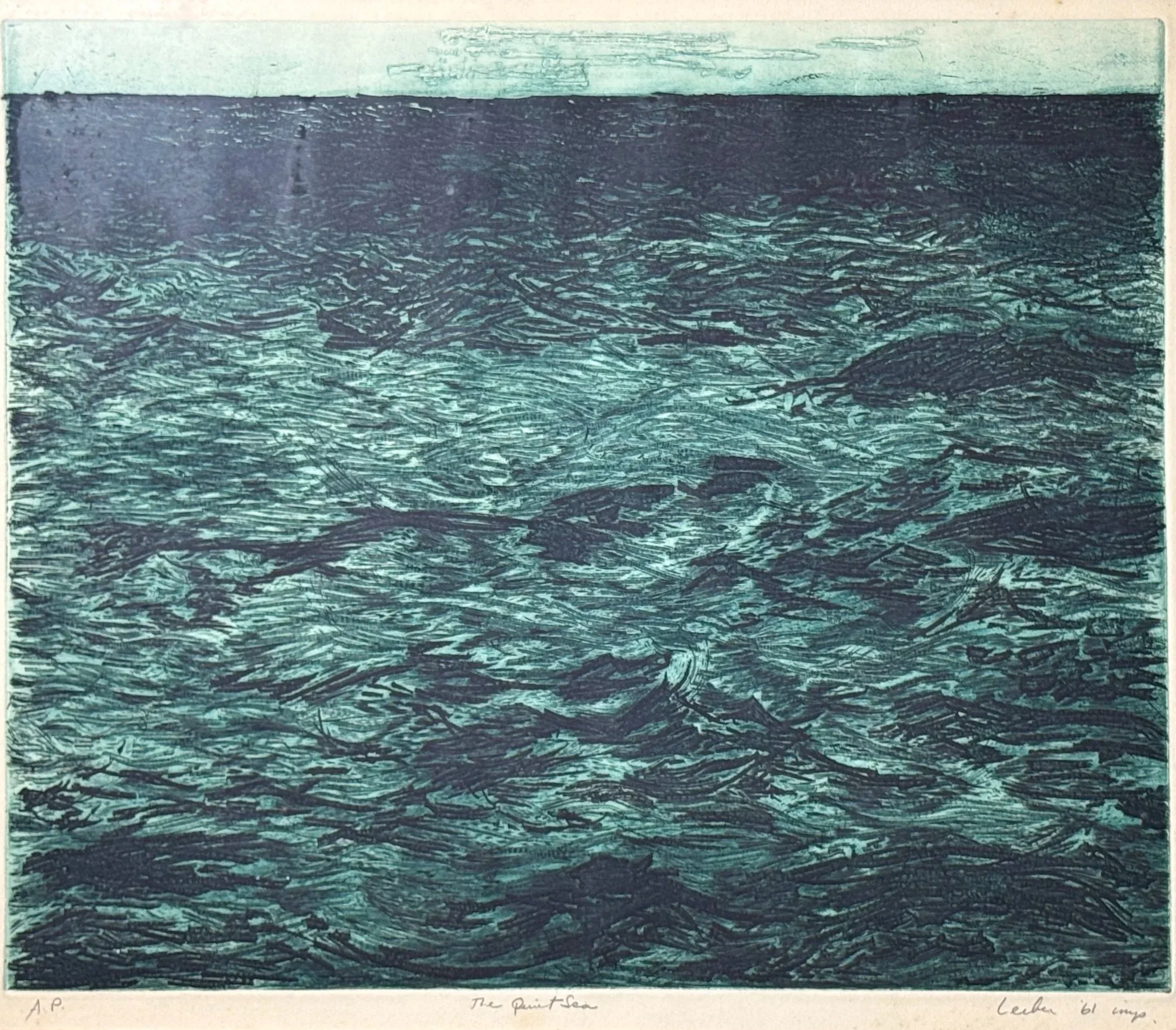 A painting of the quiet sea with calm waves.