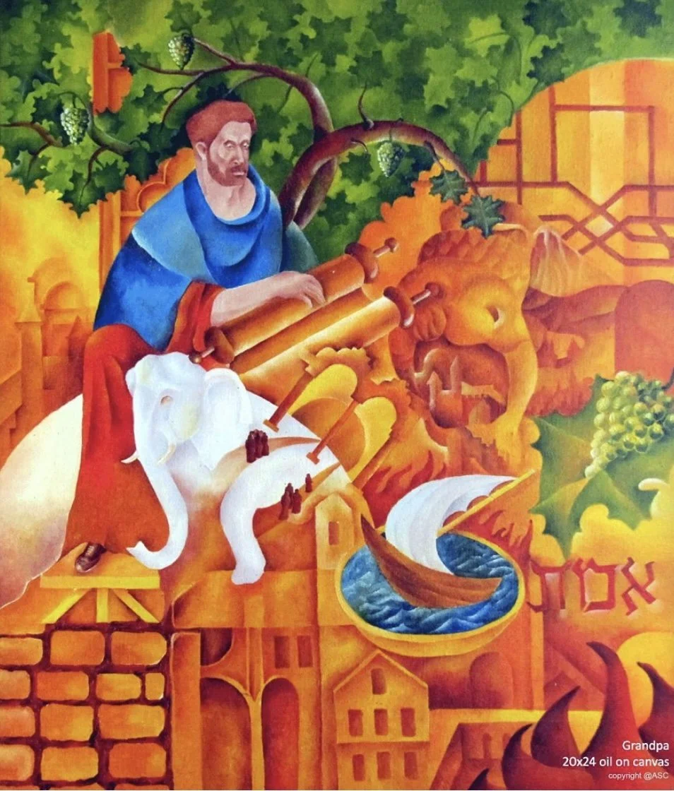 A colorful oil painting depicting an elderly man, labeled as Grandpa, riding an elephant on a vibrant cityscape with a sailing boat on the water, surrounded by lush green trees and abstract geometric shapes.