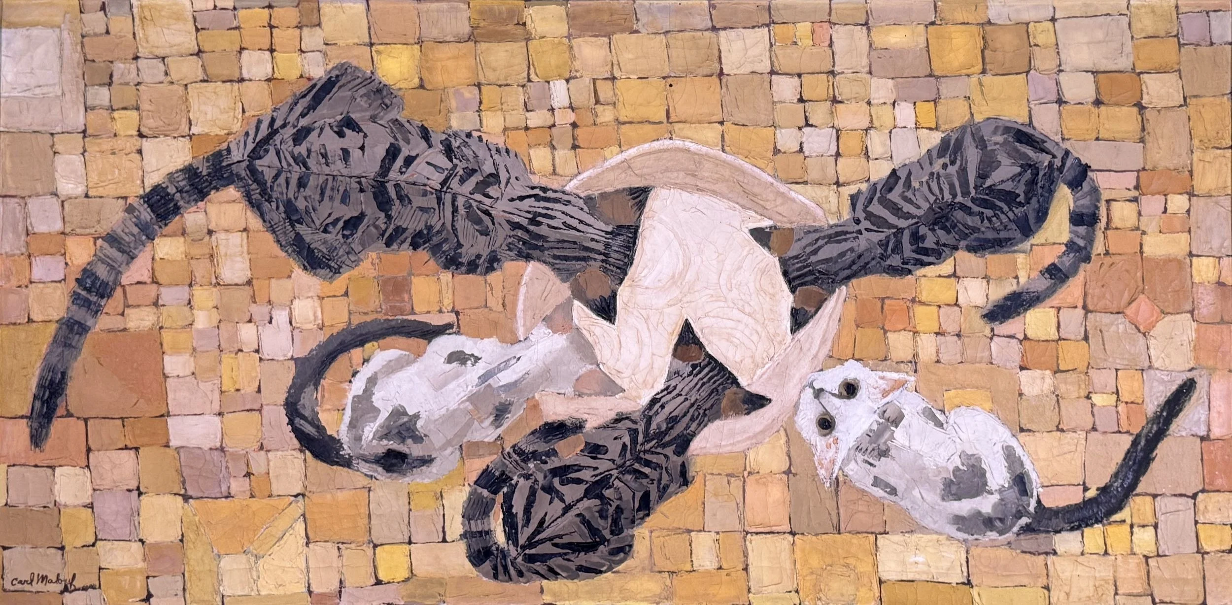 A painting of three white cats with black spots lying on a tiled floor. One cat's paws are resting on a spherical object, and the other two cats are nearby. The background consists of small, square tan, pink, and purple tiles.
