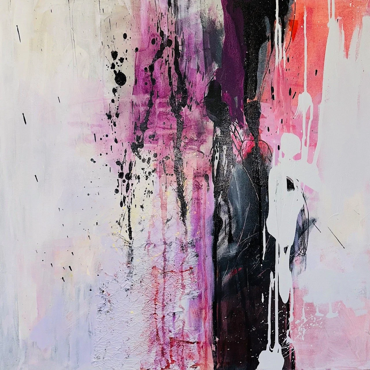 Abstract painting with black, purple, pink, and white paint splatters and drips