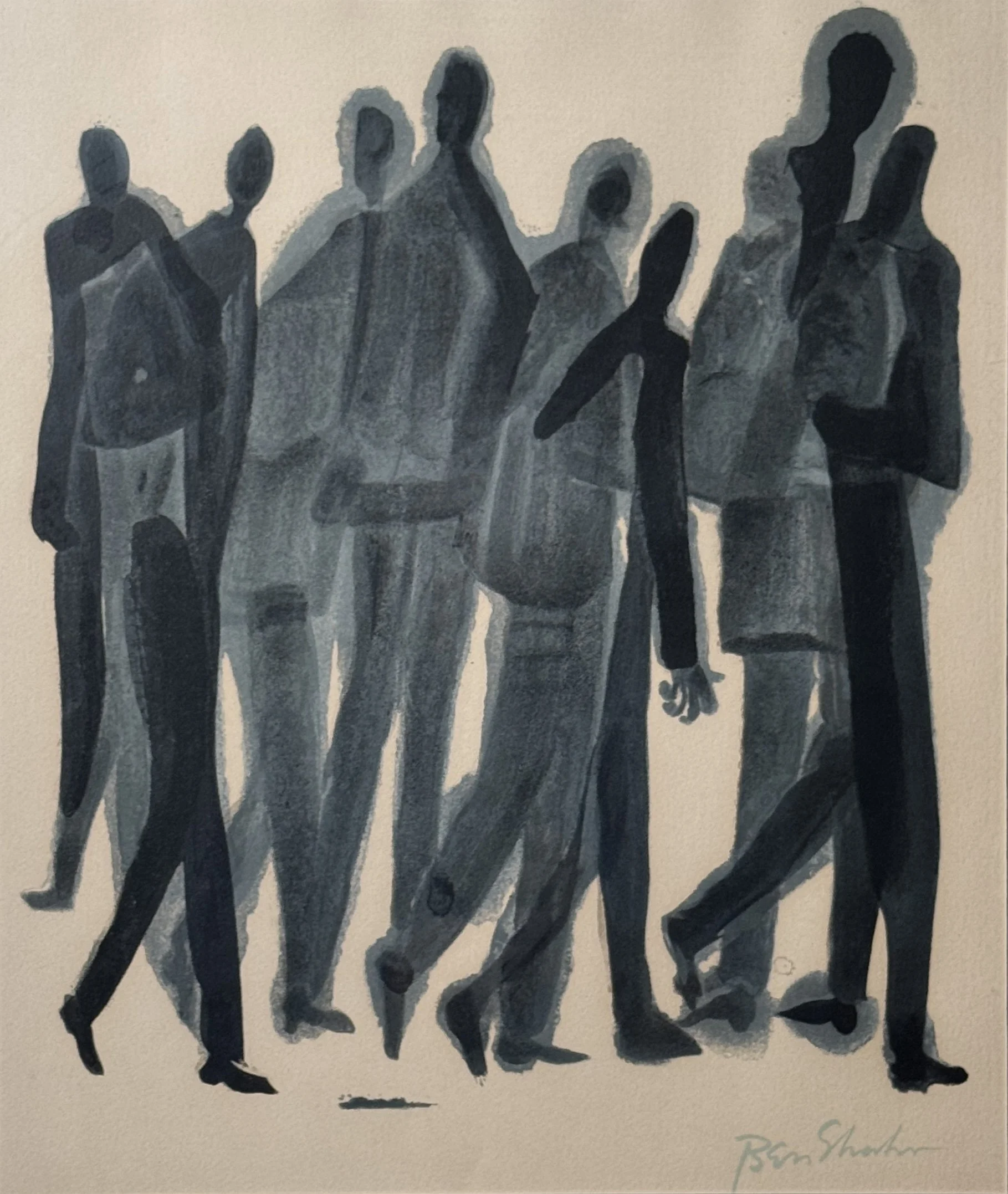 A group of seven stylized, shadowy figures walking together, painted in shades of gray and black.