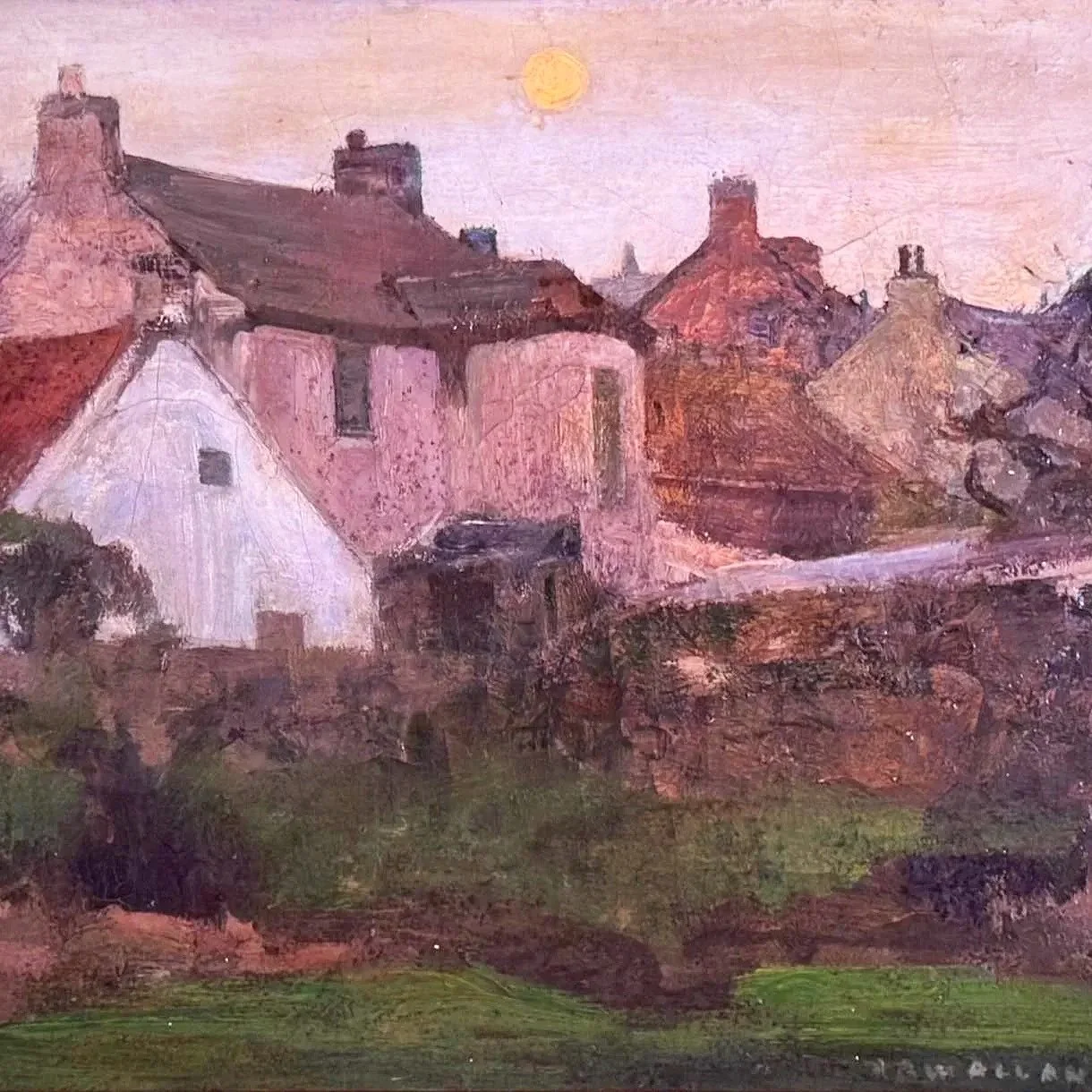 A painting of houses with pink and earthy tones, featuring a bright yellow sun in the sky.